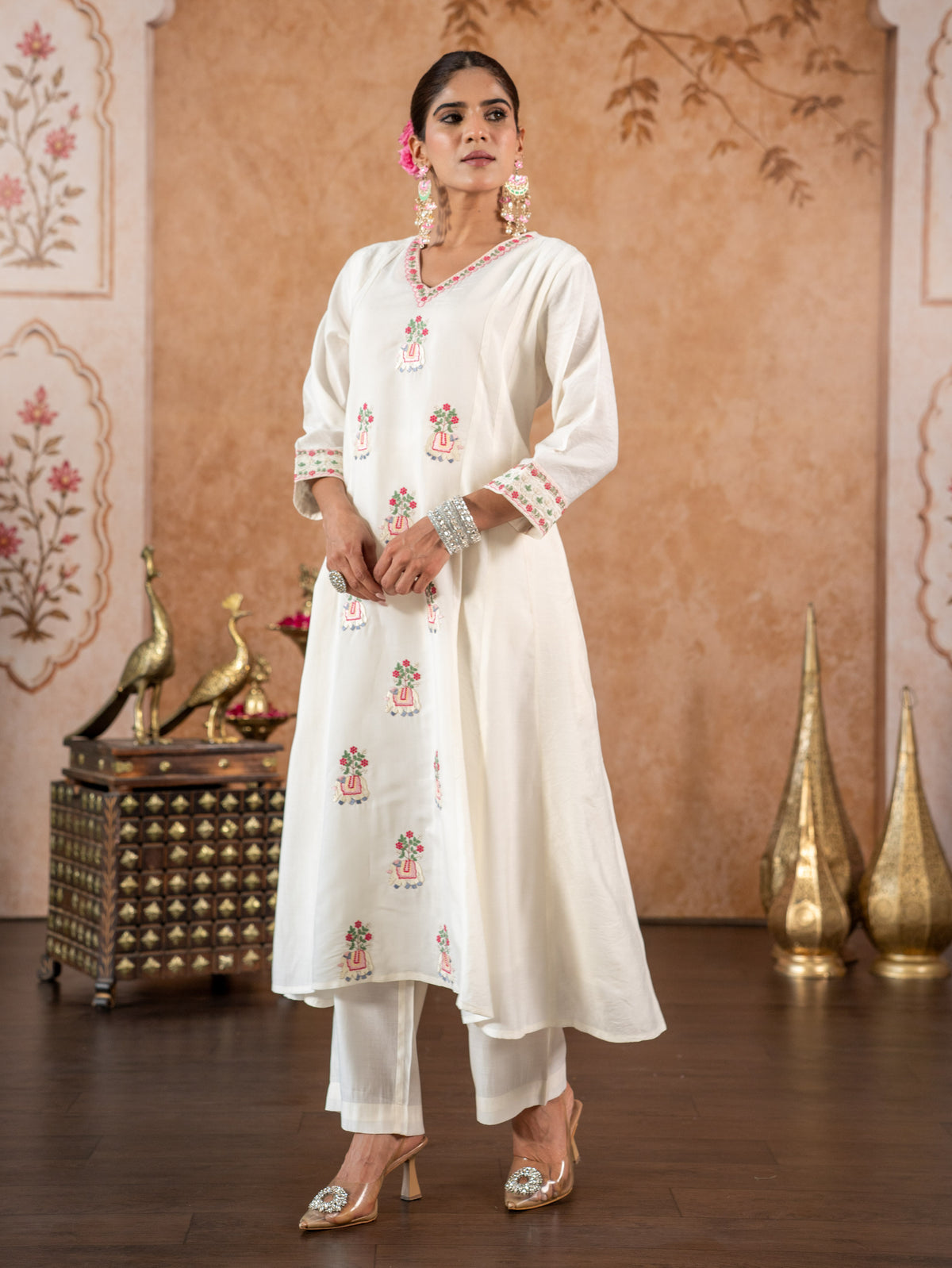 Embroidered Chanderi Solid Anarkali Sage Green Kurta