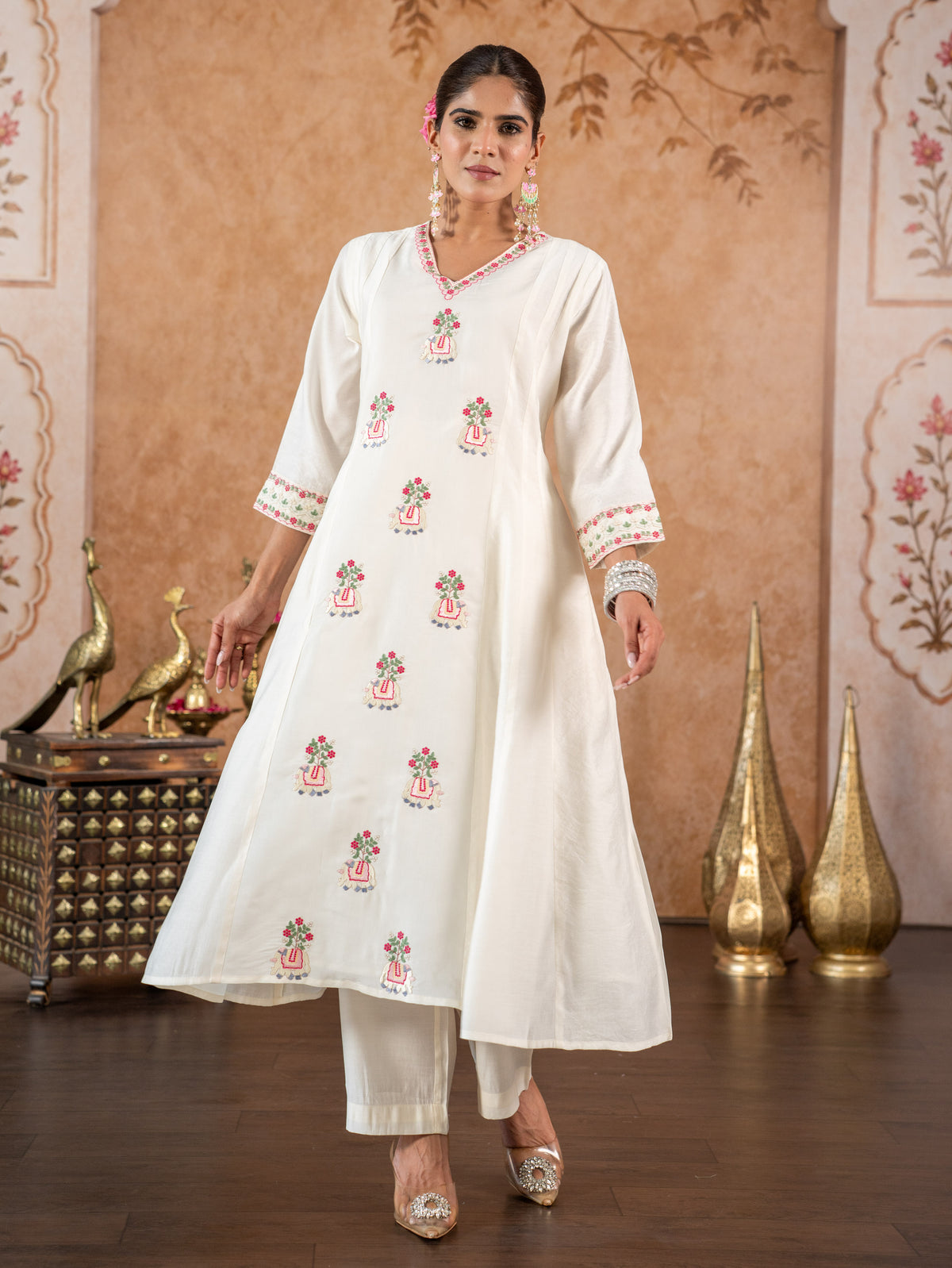 Embroidered Chanderi Solid Anarkali Sage Green Kurta