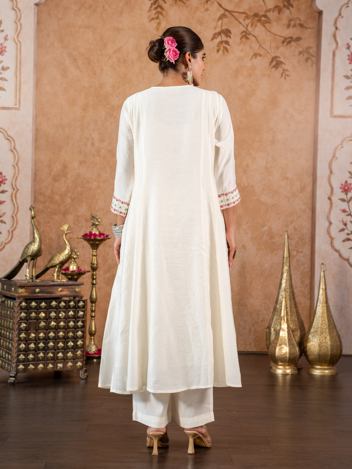 Embroidered Chanderi Solid Anarkali Sage Green Kurta