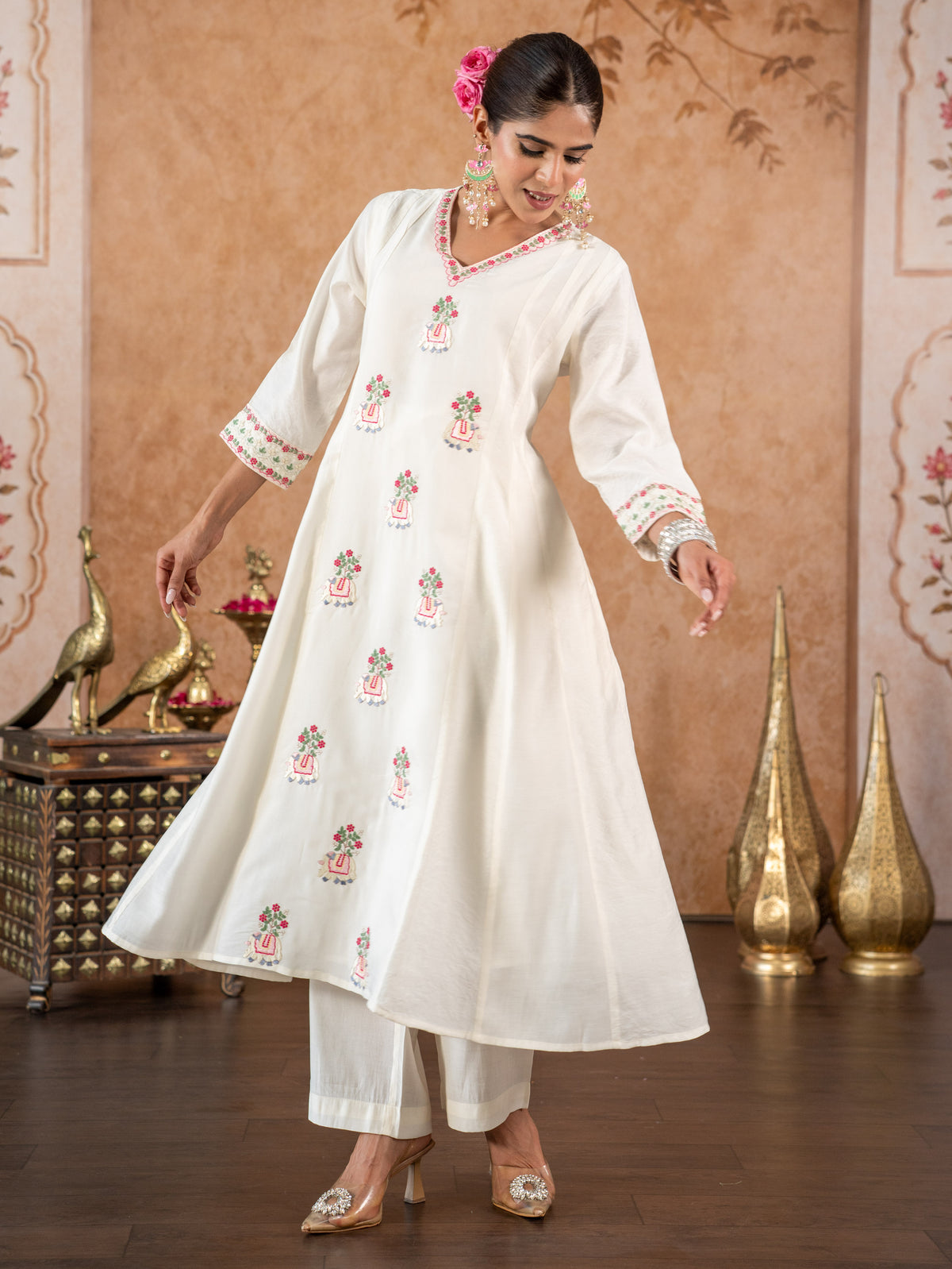 Embroidered Chanderi Solid Anarkali Sage Green Kurta