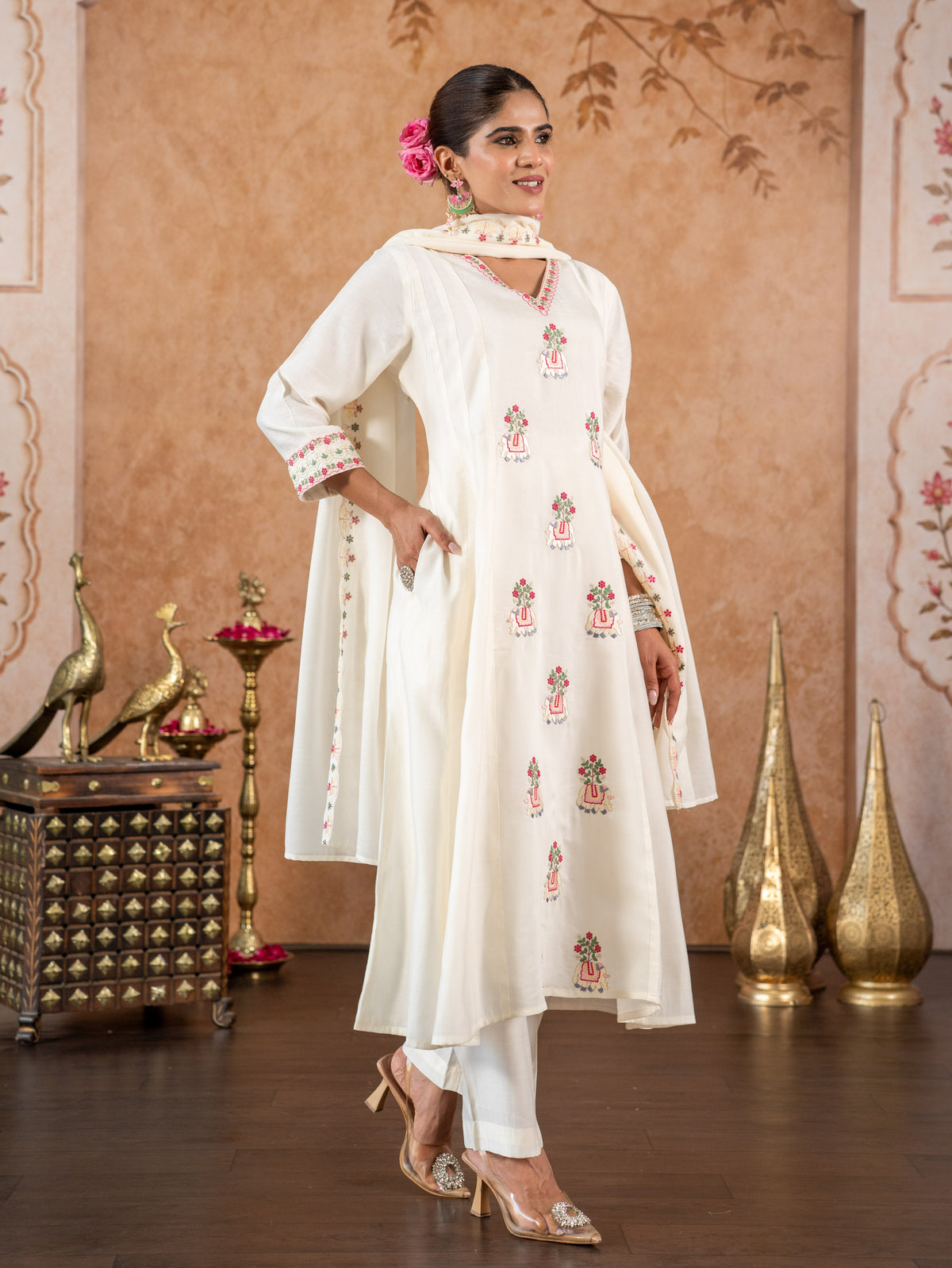 Embroidered Chanderi Solid Anarkali Sage Green Kurta