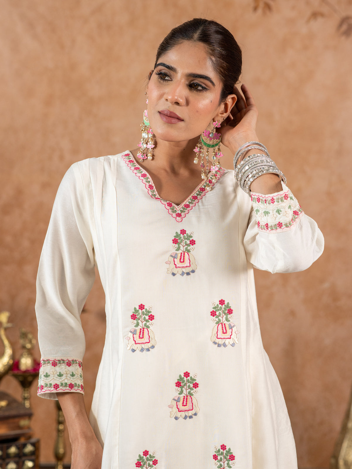 Embroidered Chanderi Solid Anarkali Sage Green Kurta