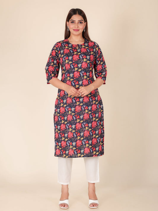 Soft Cotton Floral Straight Blue Kurta