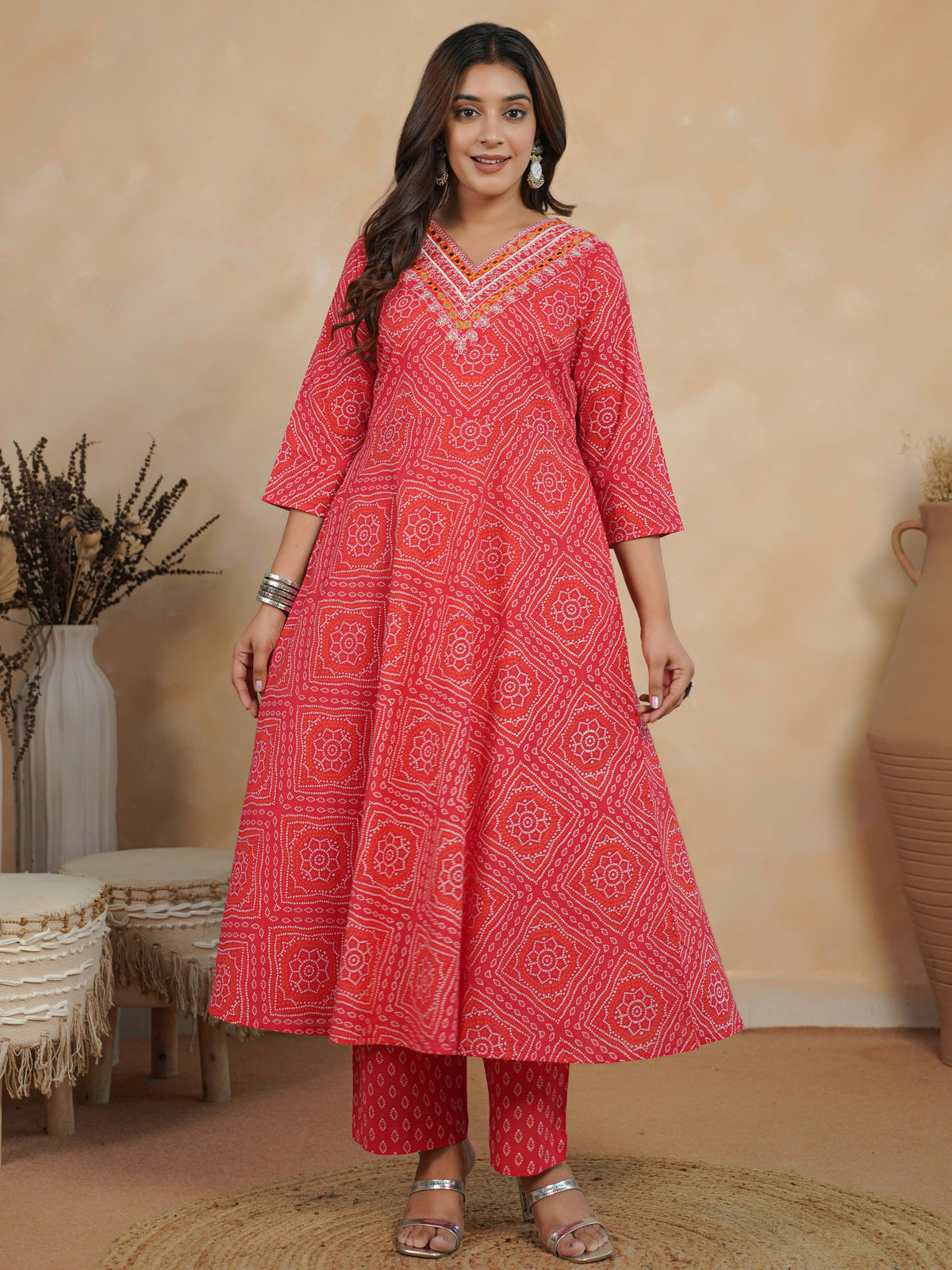 Embroidered soft cotton bandhani anarkali red kurta