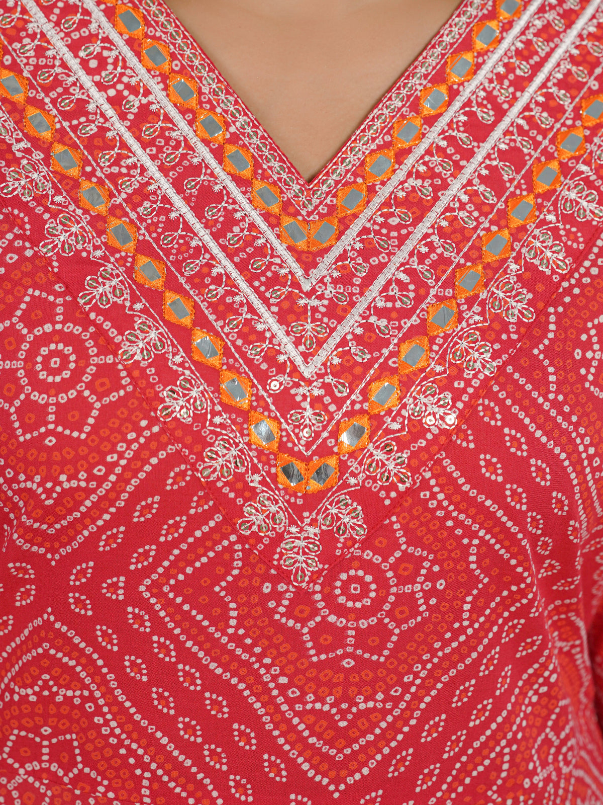 Embroidered soft cotton bandhani anarkali red kurta