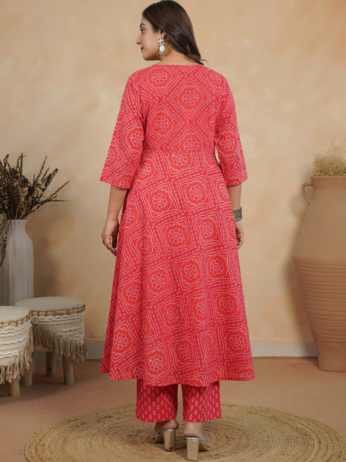 Embroidered soft cotton bandhani anarkali red kurta