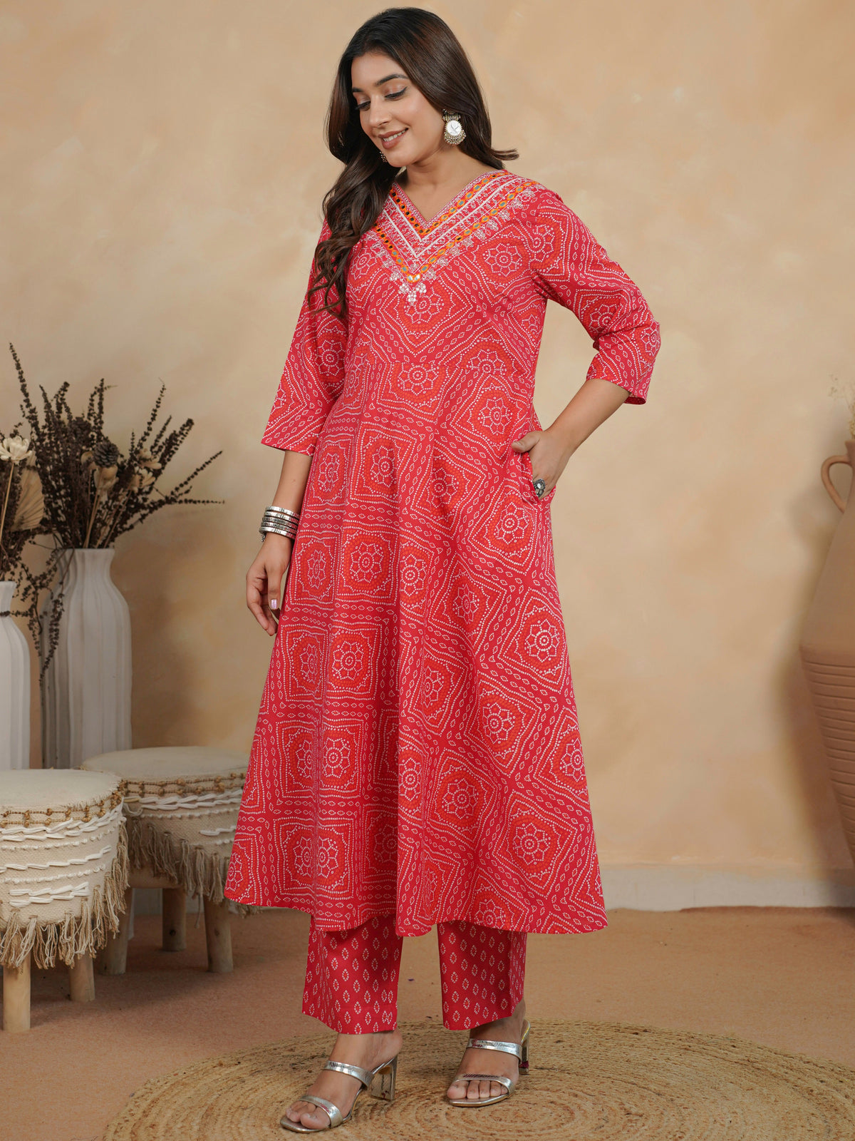 Embroidered soft cotton bandhani anarkali red kurta