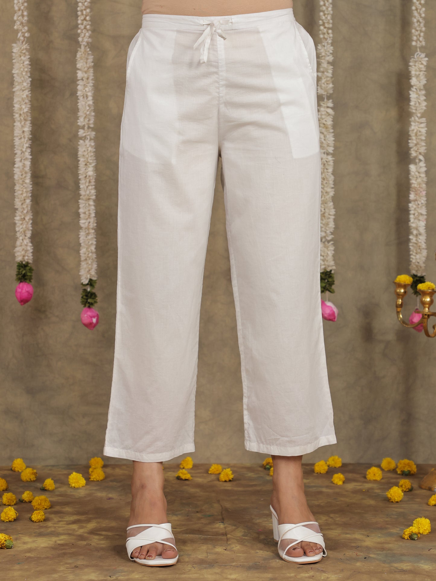 Soft Cotton Solid White Tapered Trousers