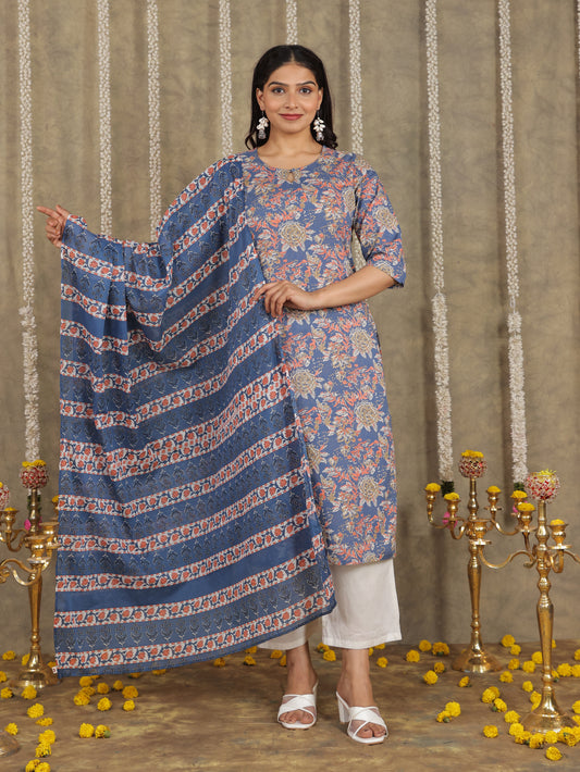 Cotton Voile Floral Blue Dupatta