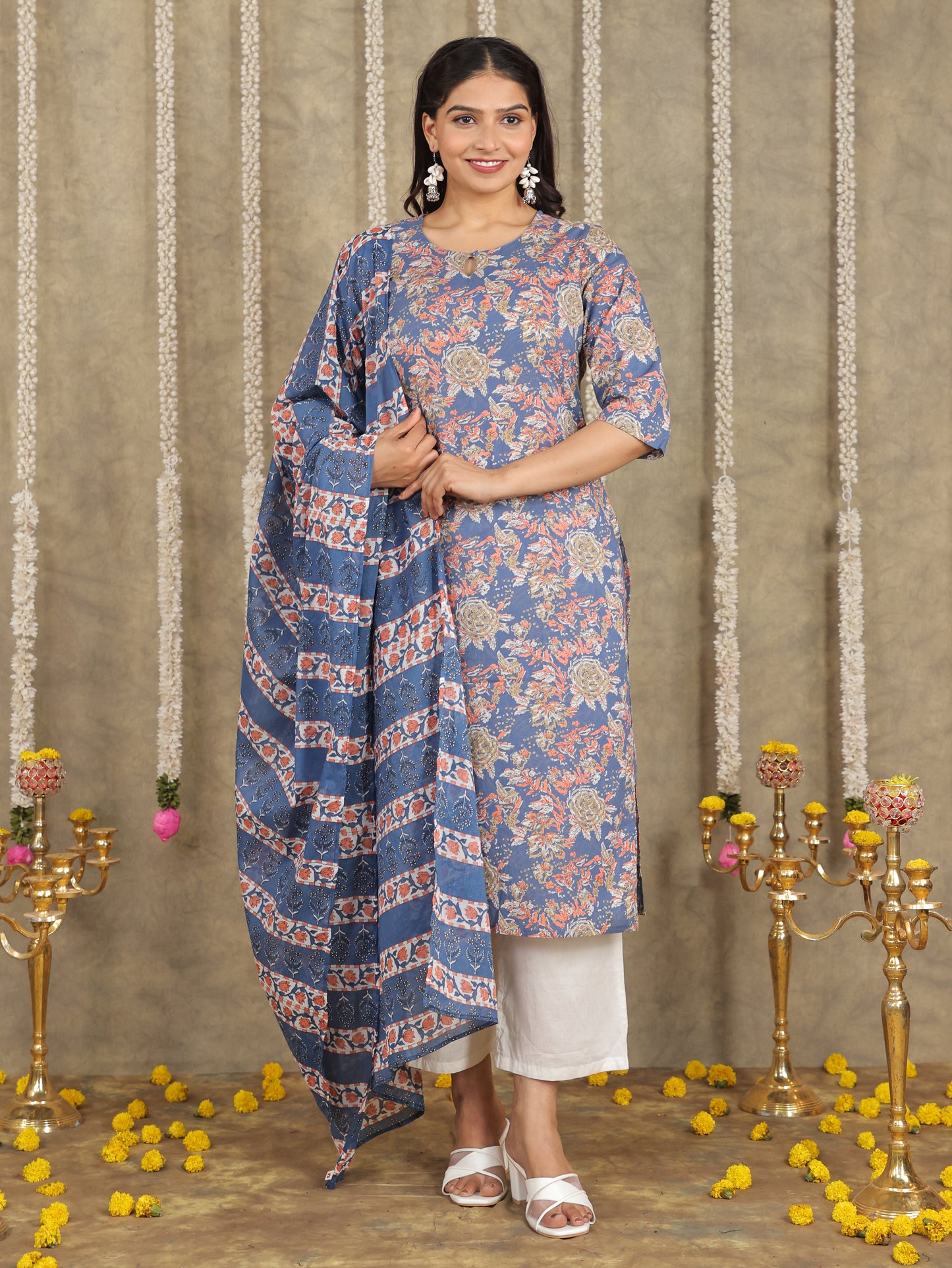 Cotton Voile Floral Blue Dupatta