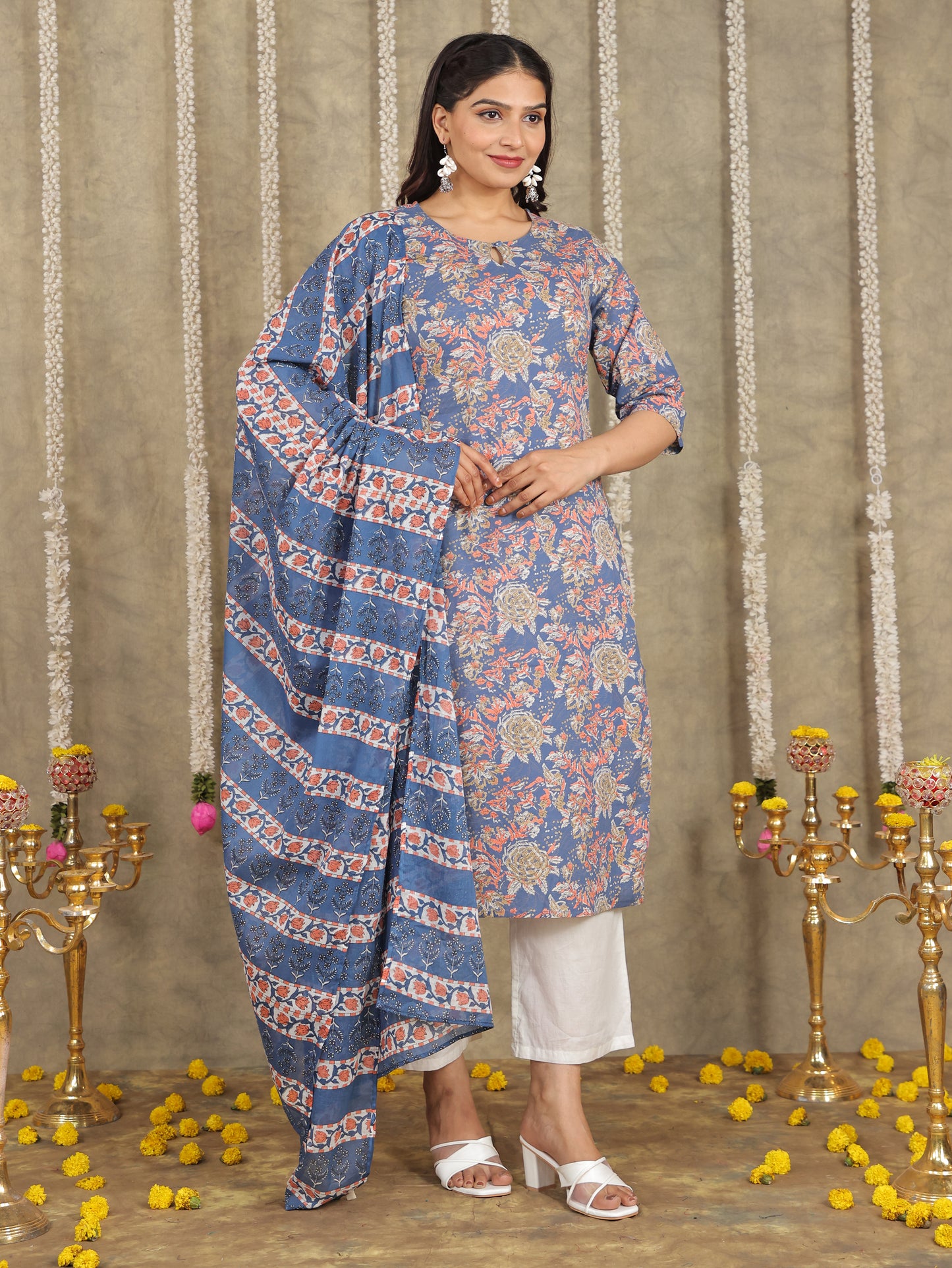 Cotton Voile Floral Blue Dupatta