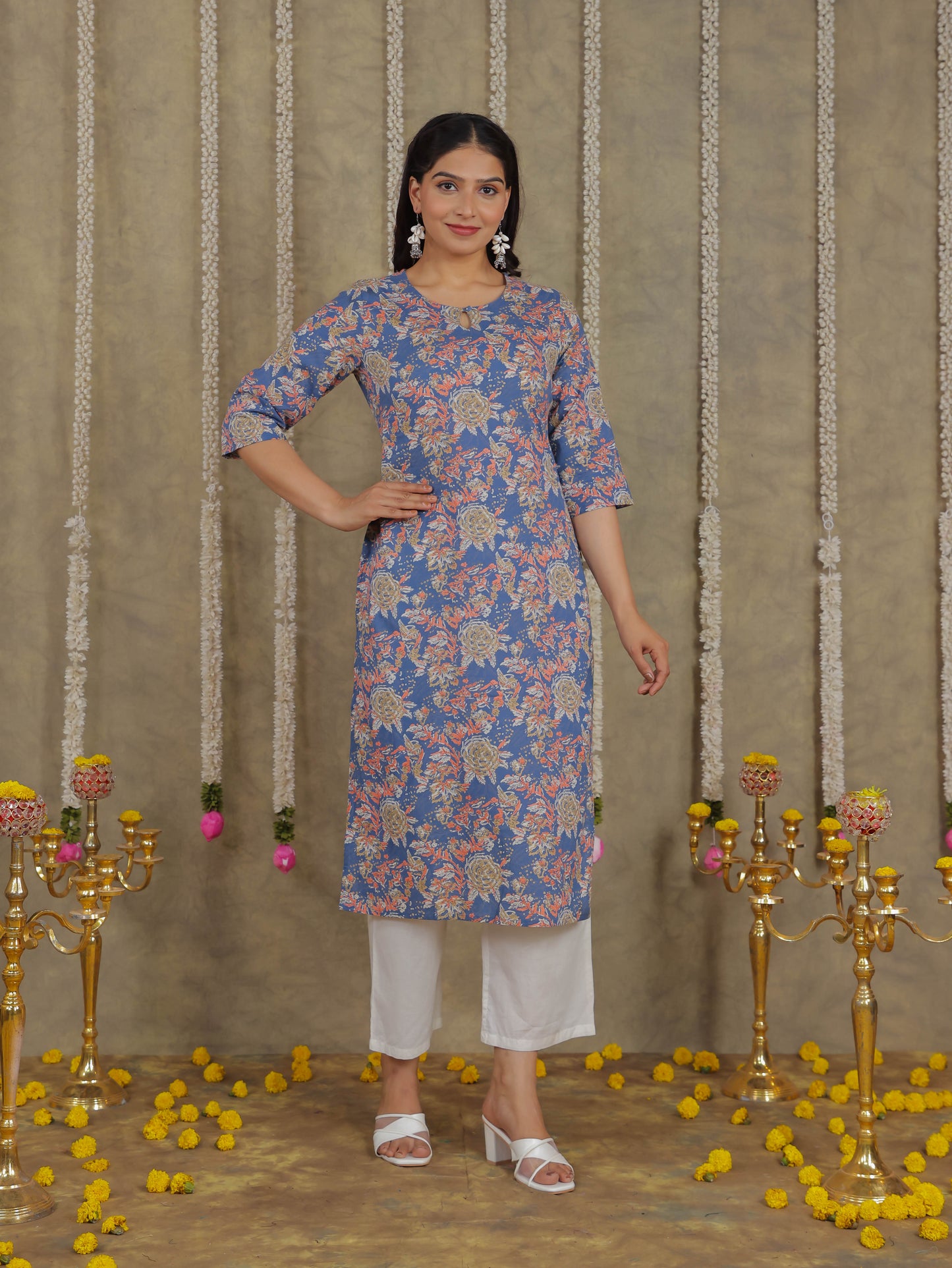 Soft Cotton Floral Straight Blue Kurta