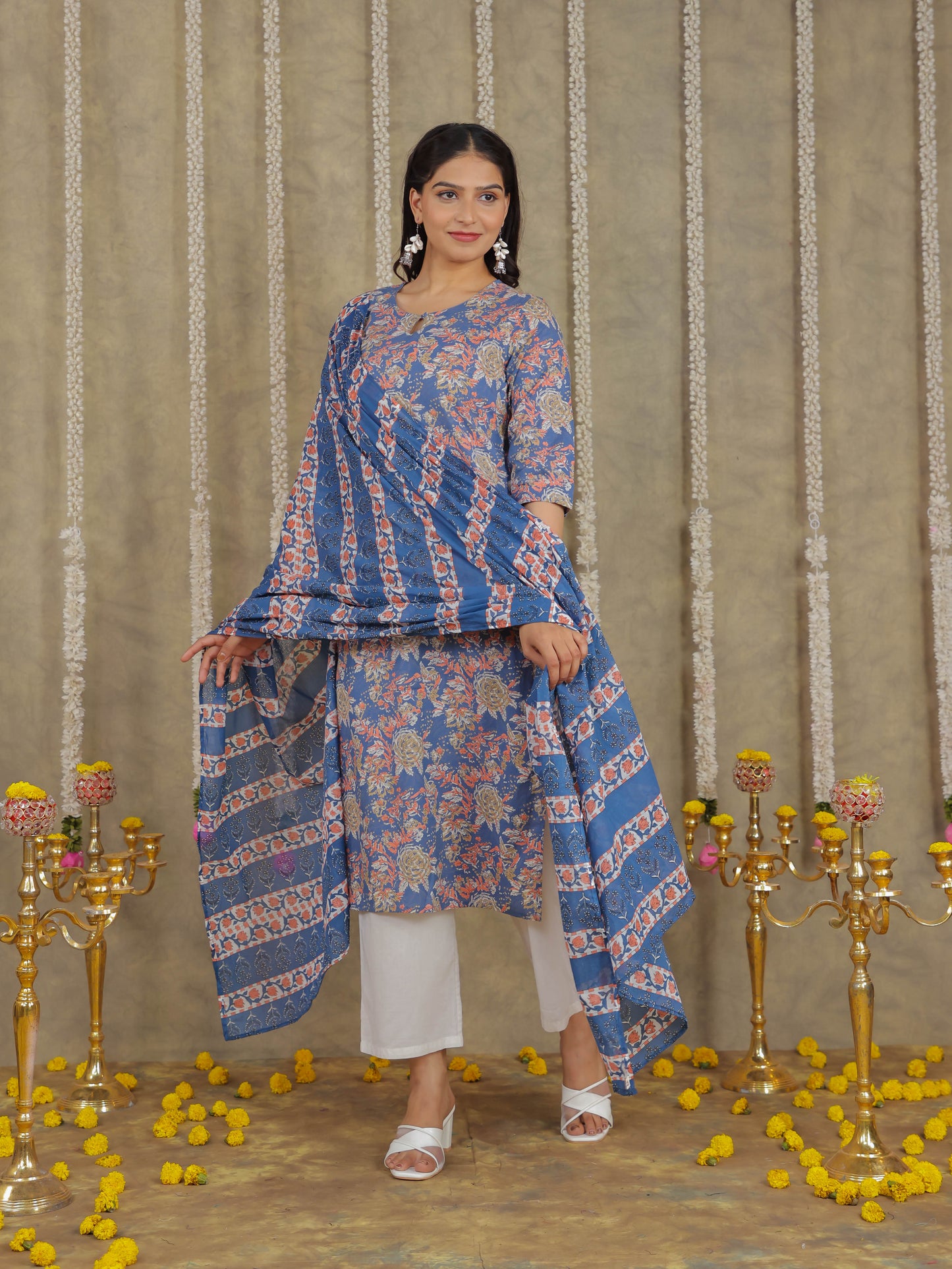 Soft Cotton Floral Straight Blue Kurta