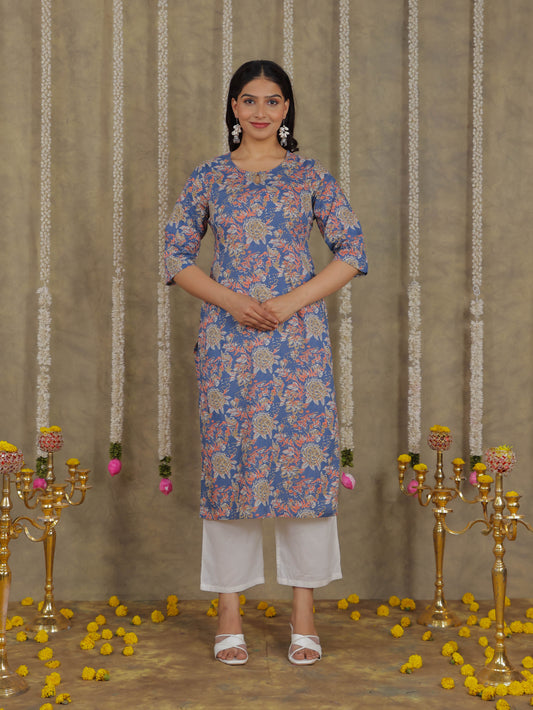Soft Cotton Floral Straight Blue Kurta