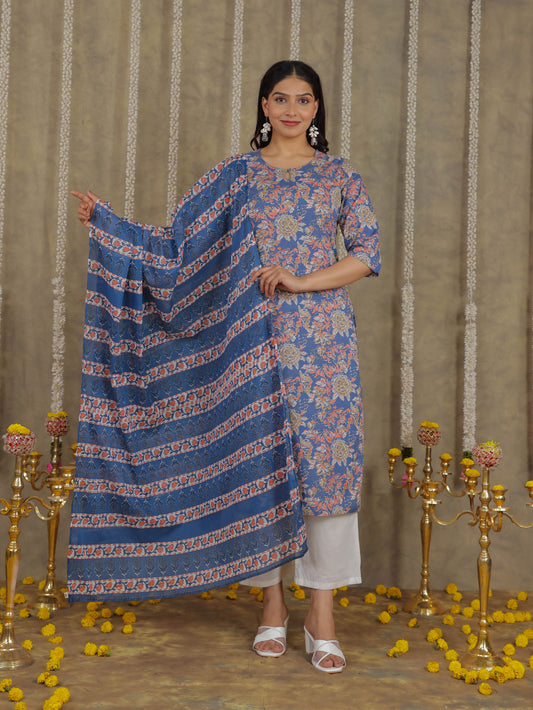 Soft Cotton Floral Straight Blue Kurta