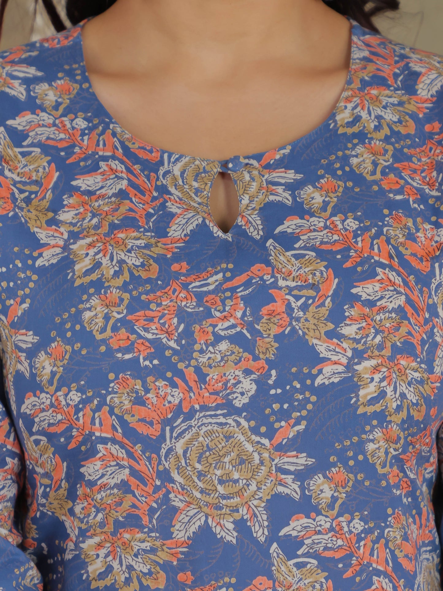 Soft Cotton Floral Straight Blue Kurta