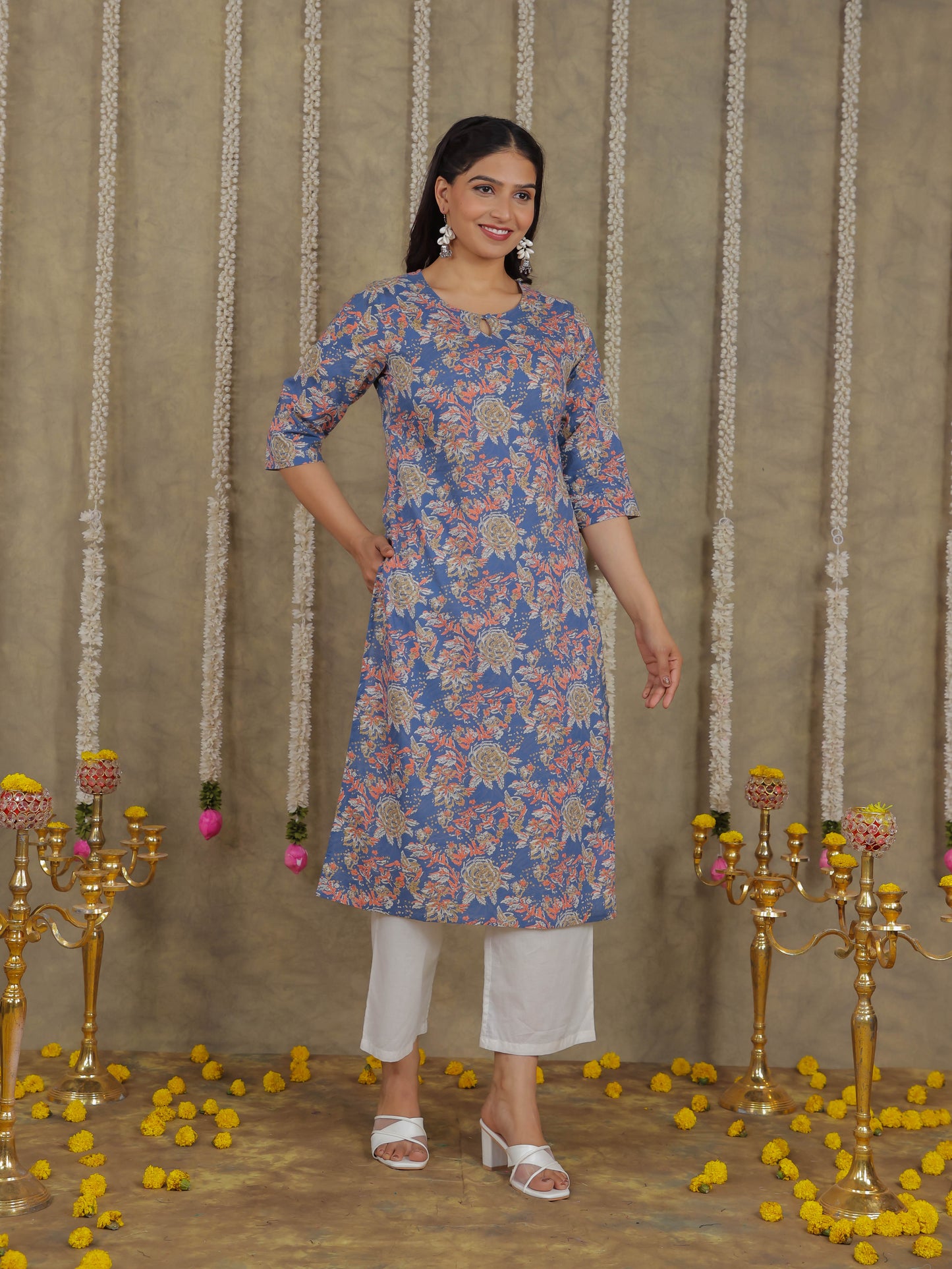 Soft Cotton Floral Straight Blue Kurta