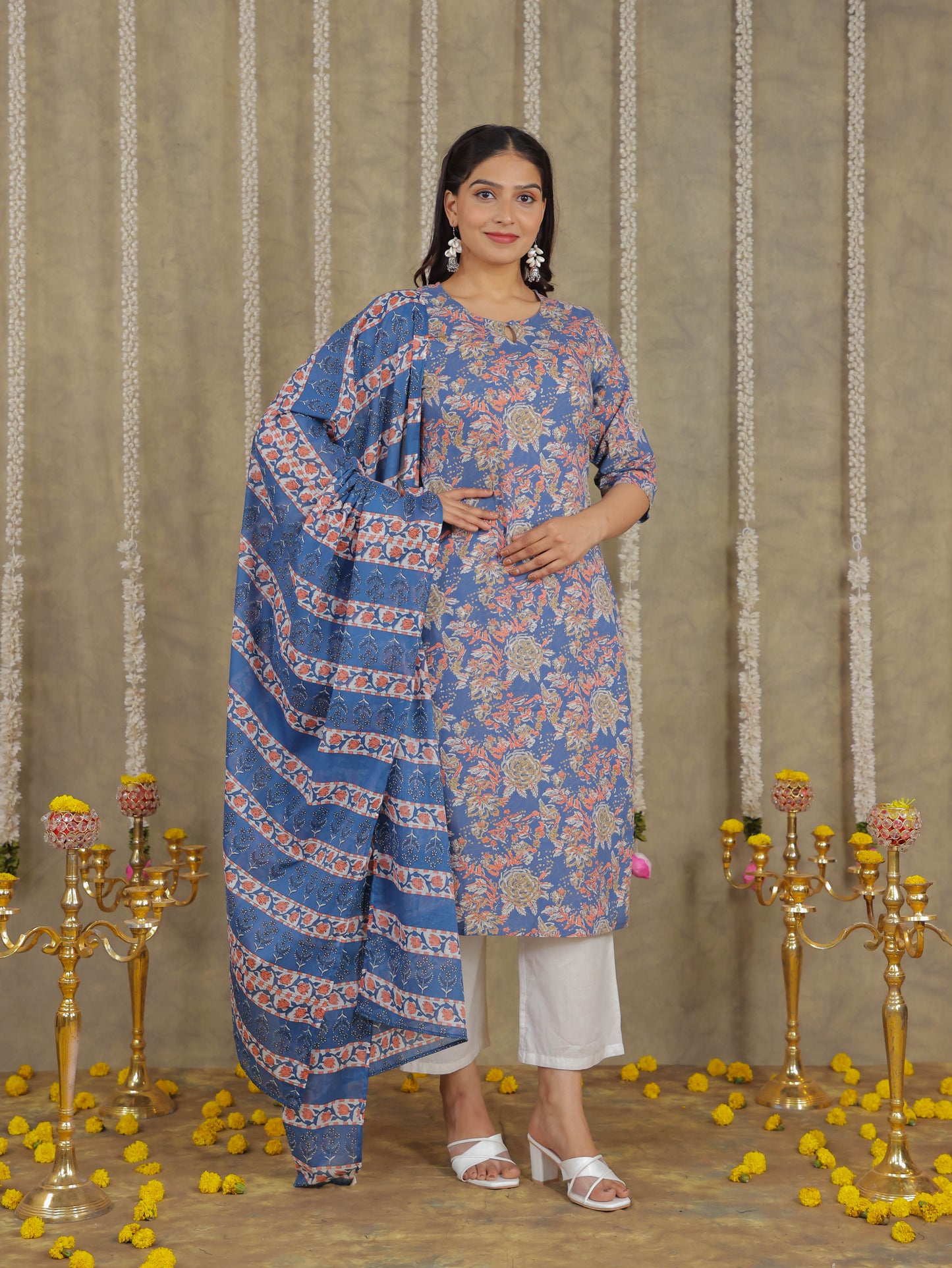 Soft Cotton Floral Straight Blue Kurta