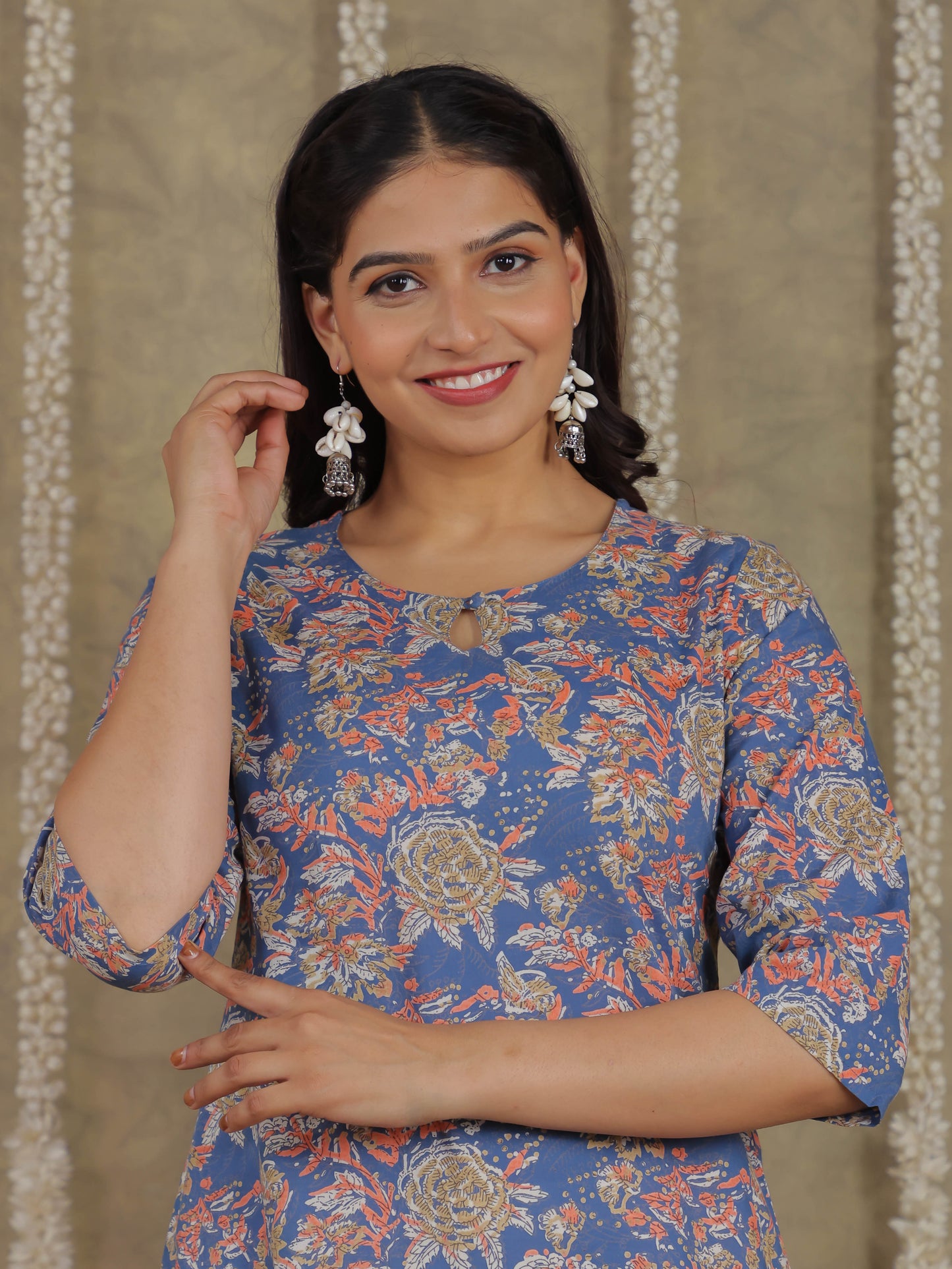 Soft Cotton Floral Straight Blue Kurta