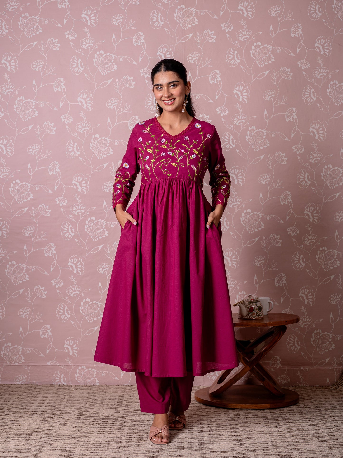 Embroidered Soft cotton Solid Anarkali Wine Kurta