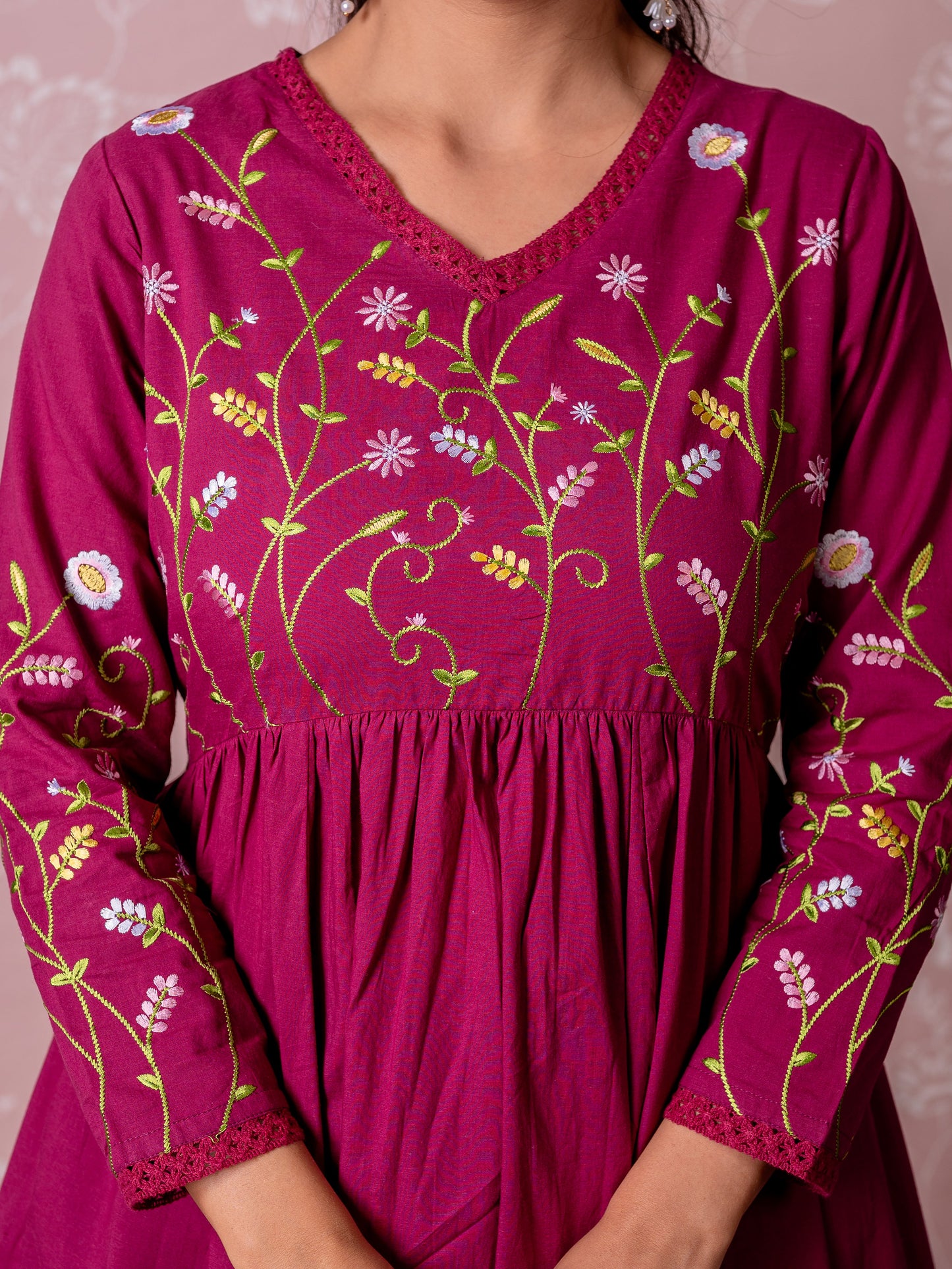 Embroidered Soft cotton Solid Anarkali Wine Kurta