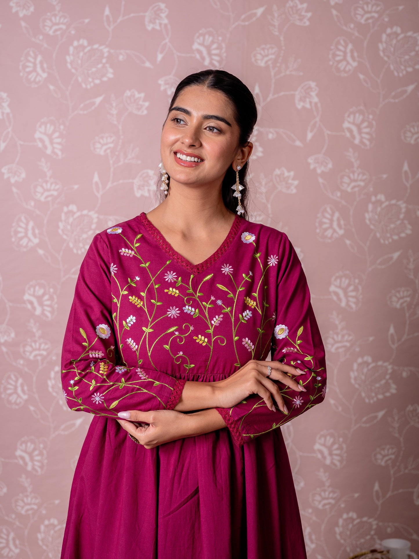 Embroidered Soft cotton Solid Anarkali Wine Kurta
