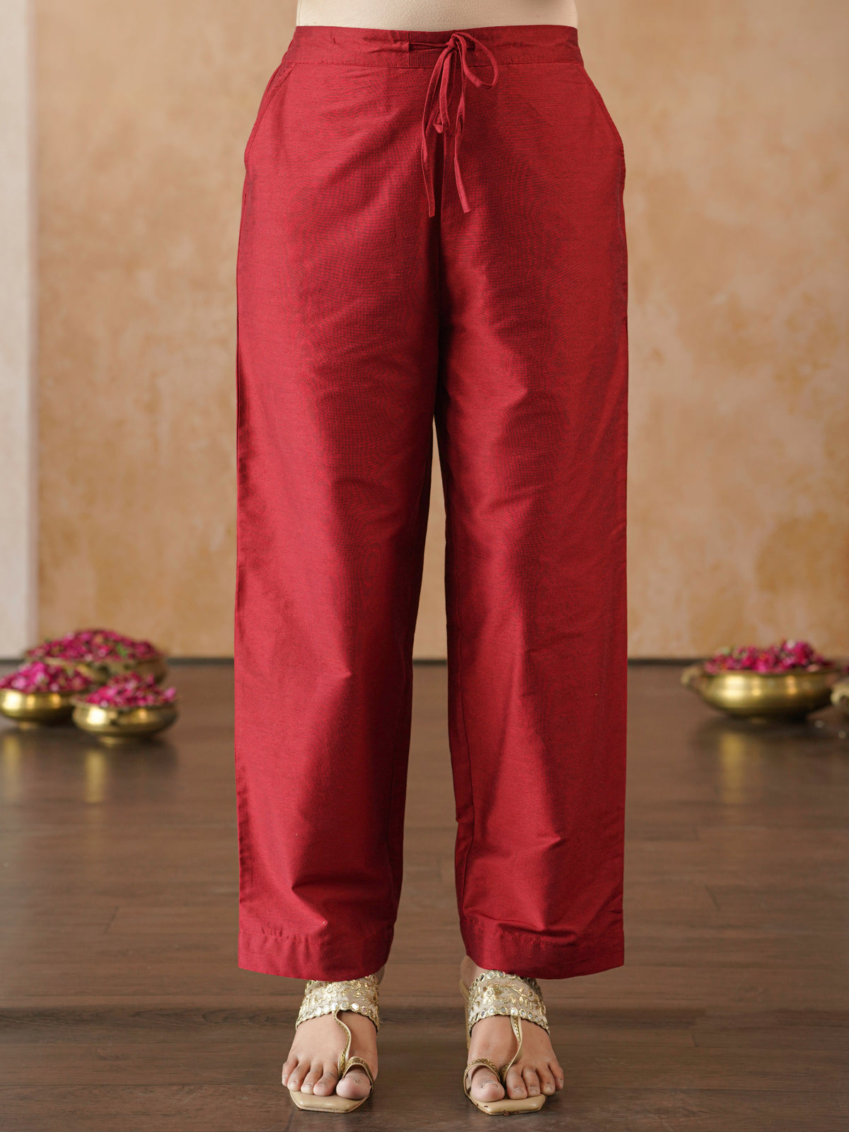Blended Silk Solid Red Straight Trousers