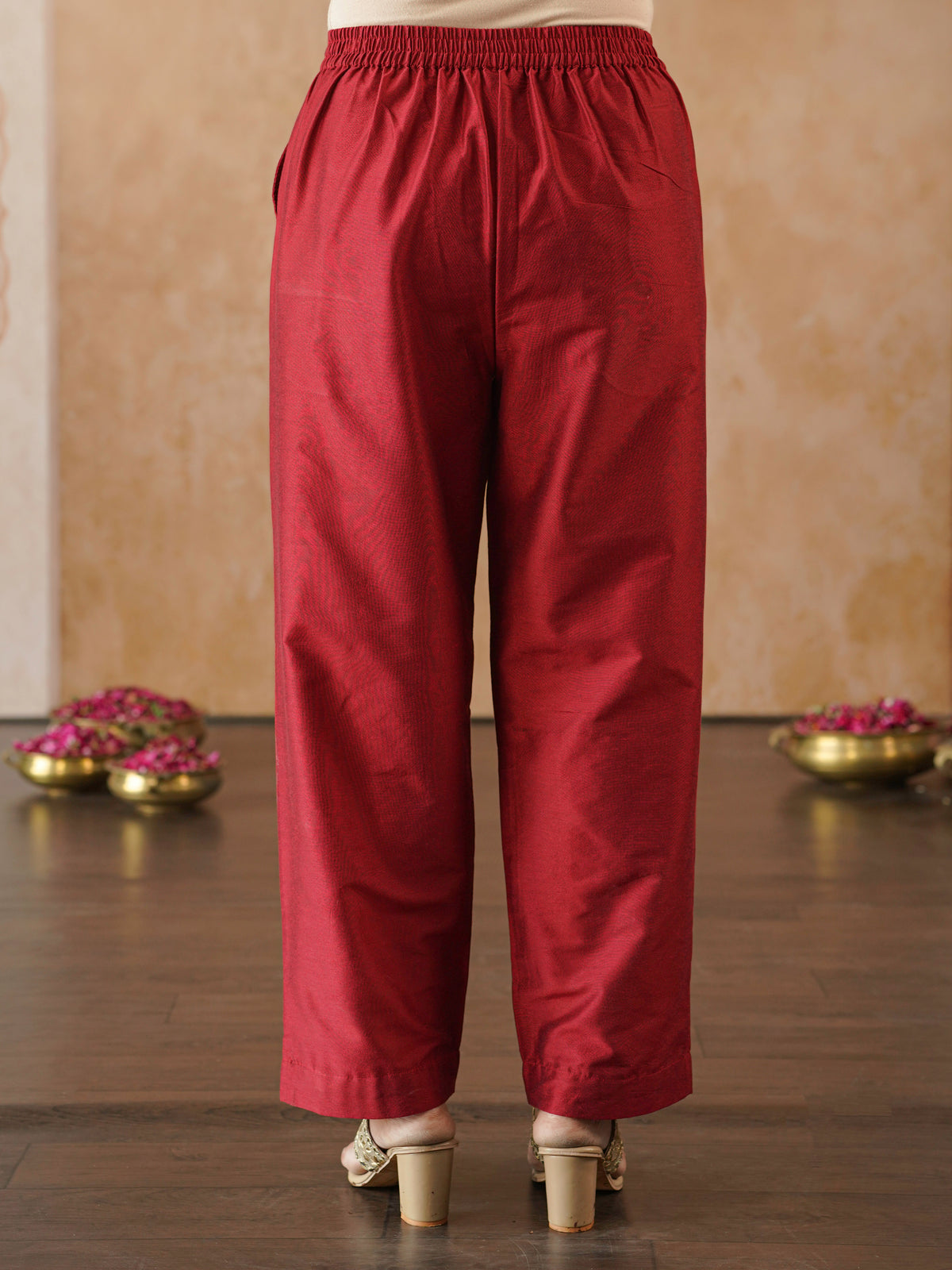 Blended Silk Solid Red Straight Trousers