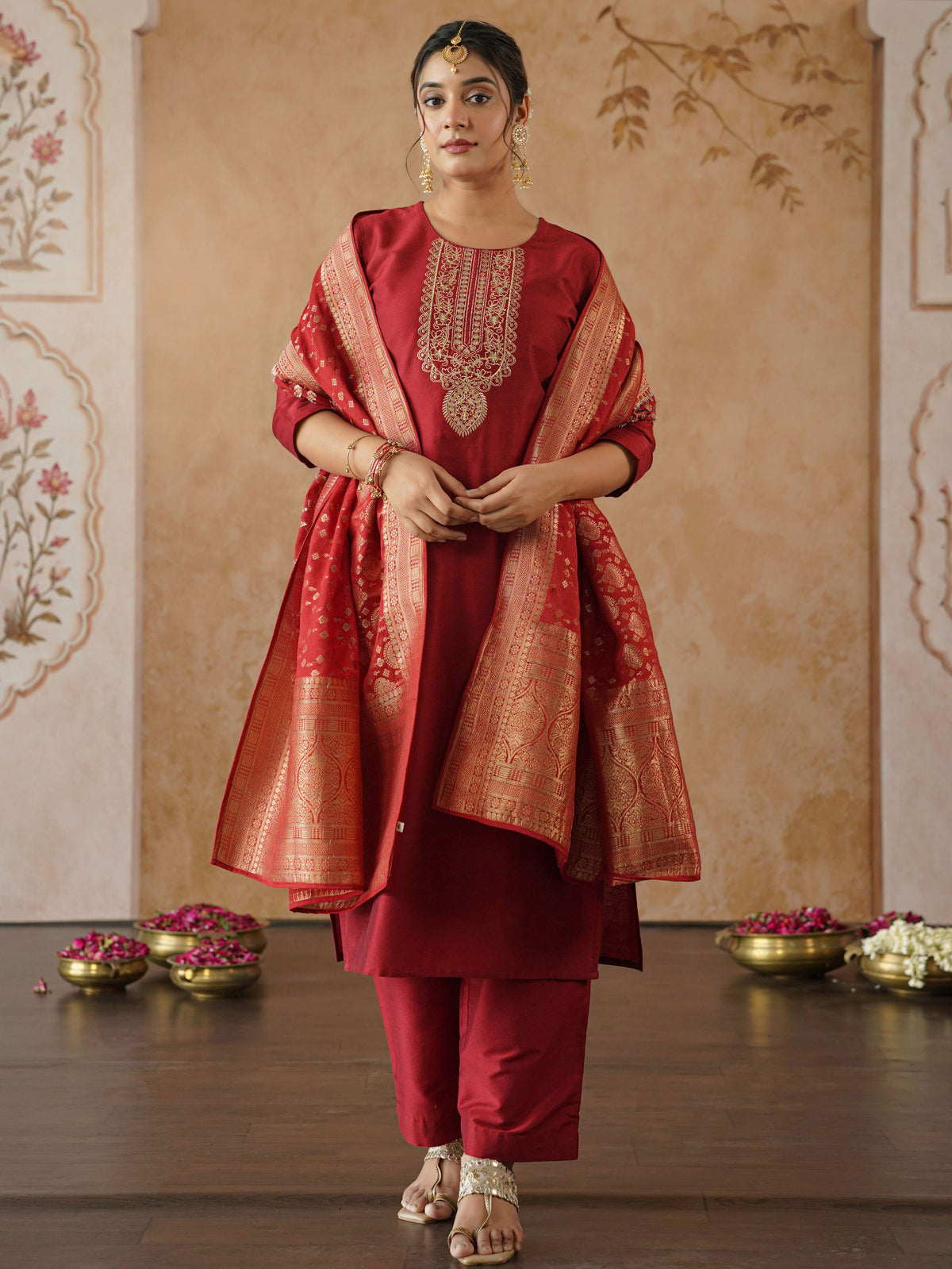 Brocade Solid Red Dupatta