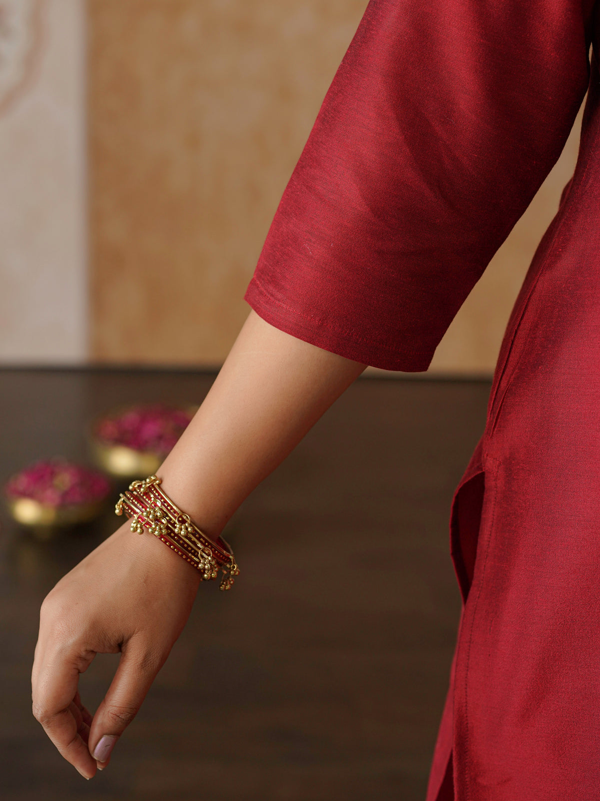 Embroidered Blended Silk Solid Straight Red Kurta