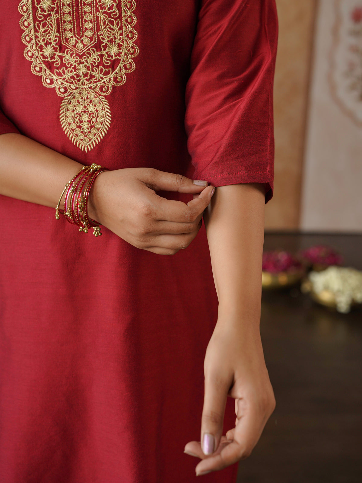 Embroidered Blended Silk Solid Straight Red Kurta