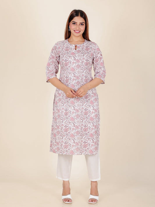 Soft Cotton Floral Straight White Kurta
