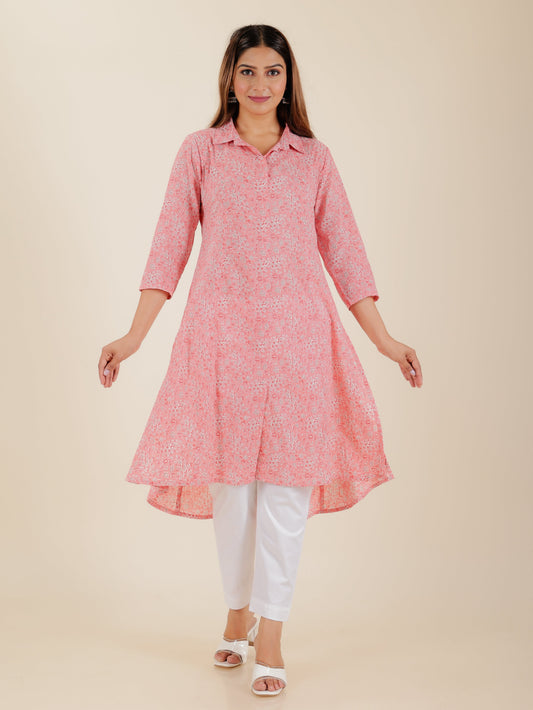 Soft Cotton Paisley High Low Pink Kurta