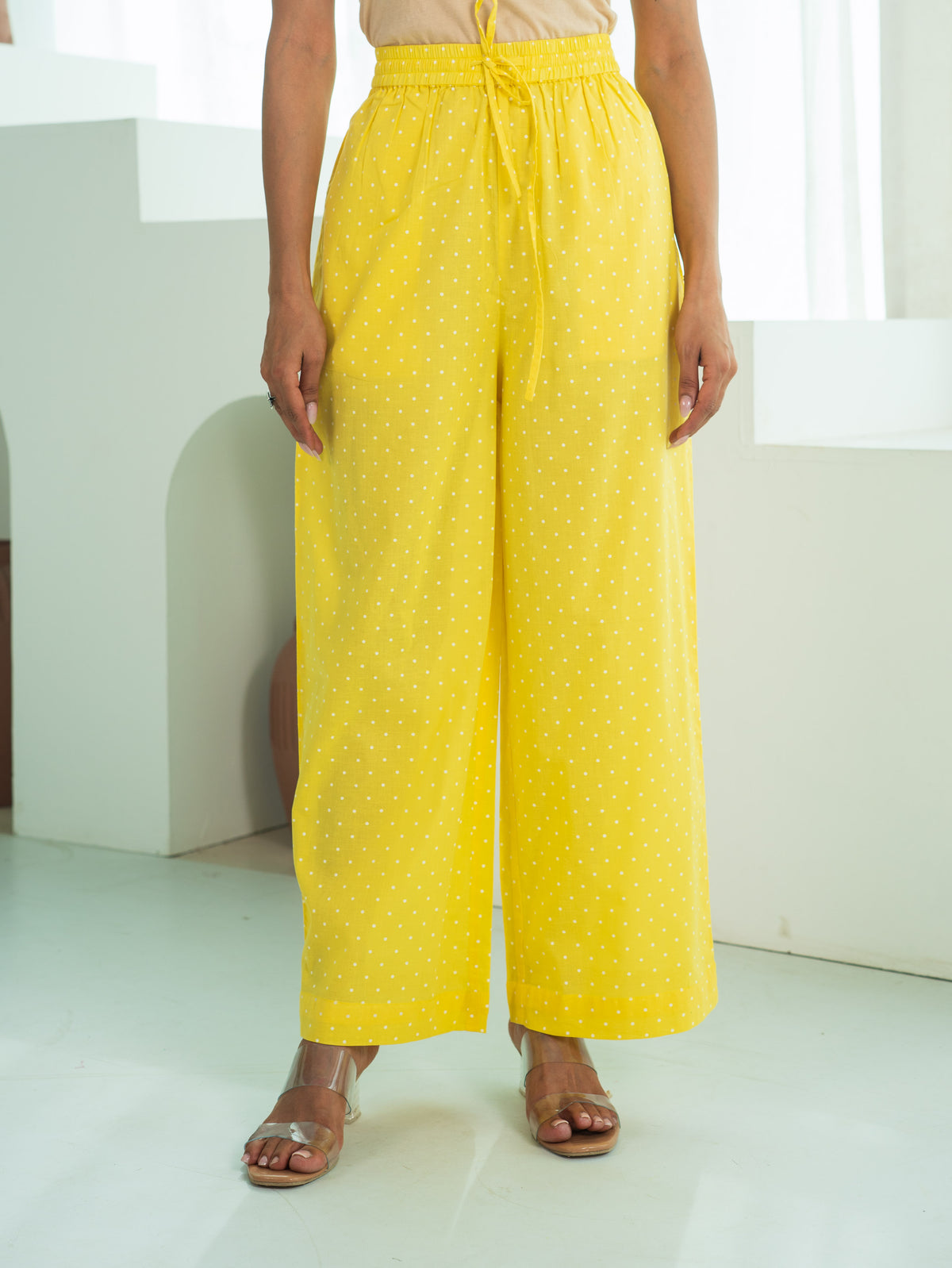Soft Cotton Polka Yellow Palazzo Trousers