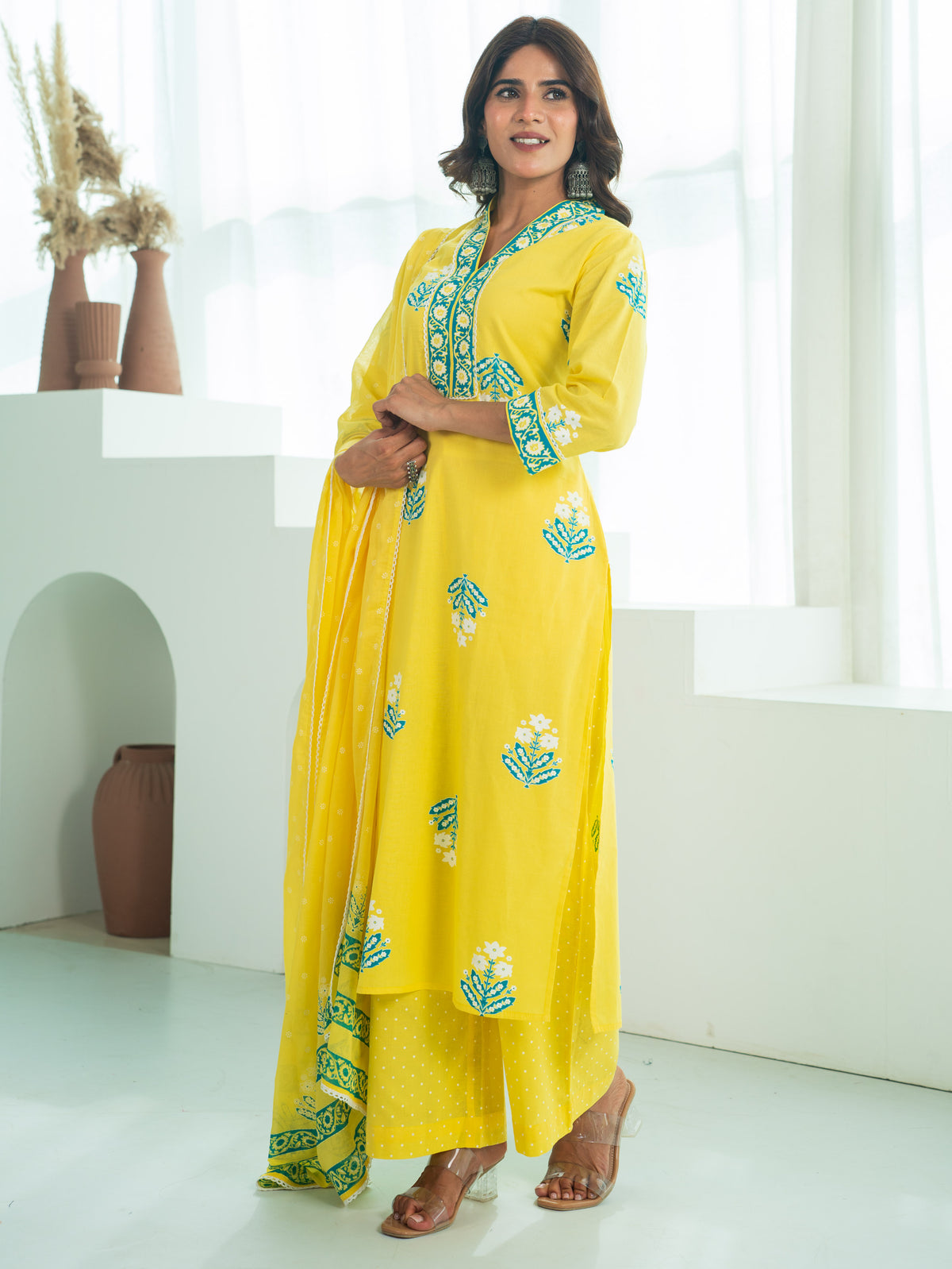 Cotton Voile Floral Yellow Dupatta