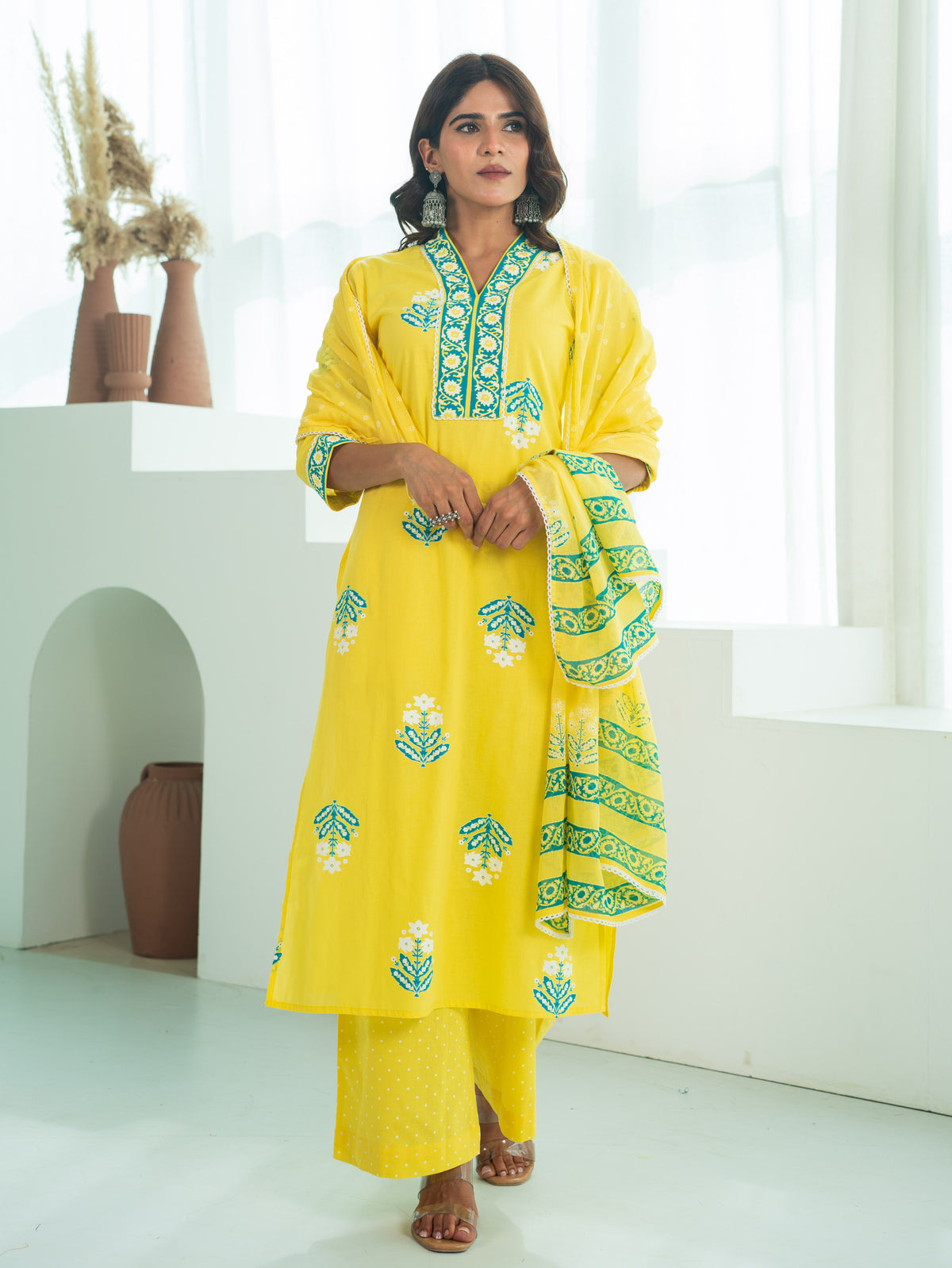 Cotton Voile Floral Yellow Dupatta
