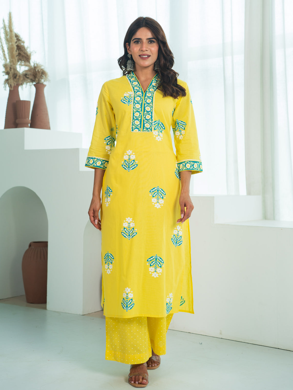 Soft Cotton Floral Straight Yellow Kurta