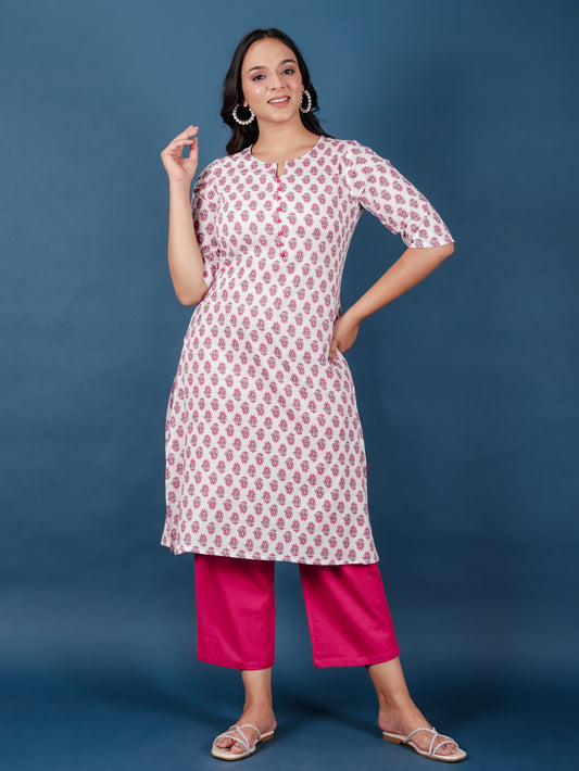 Soft Cotton Floral A-line White Kurta
