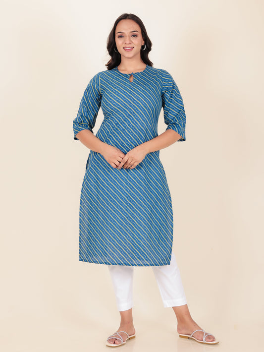 Soft Cotton Leheriya Straight Blue Kurta