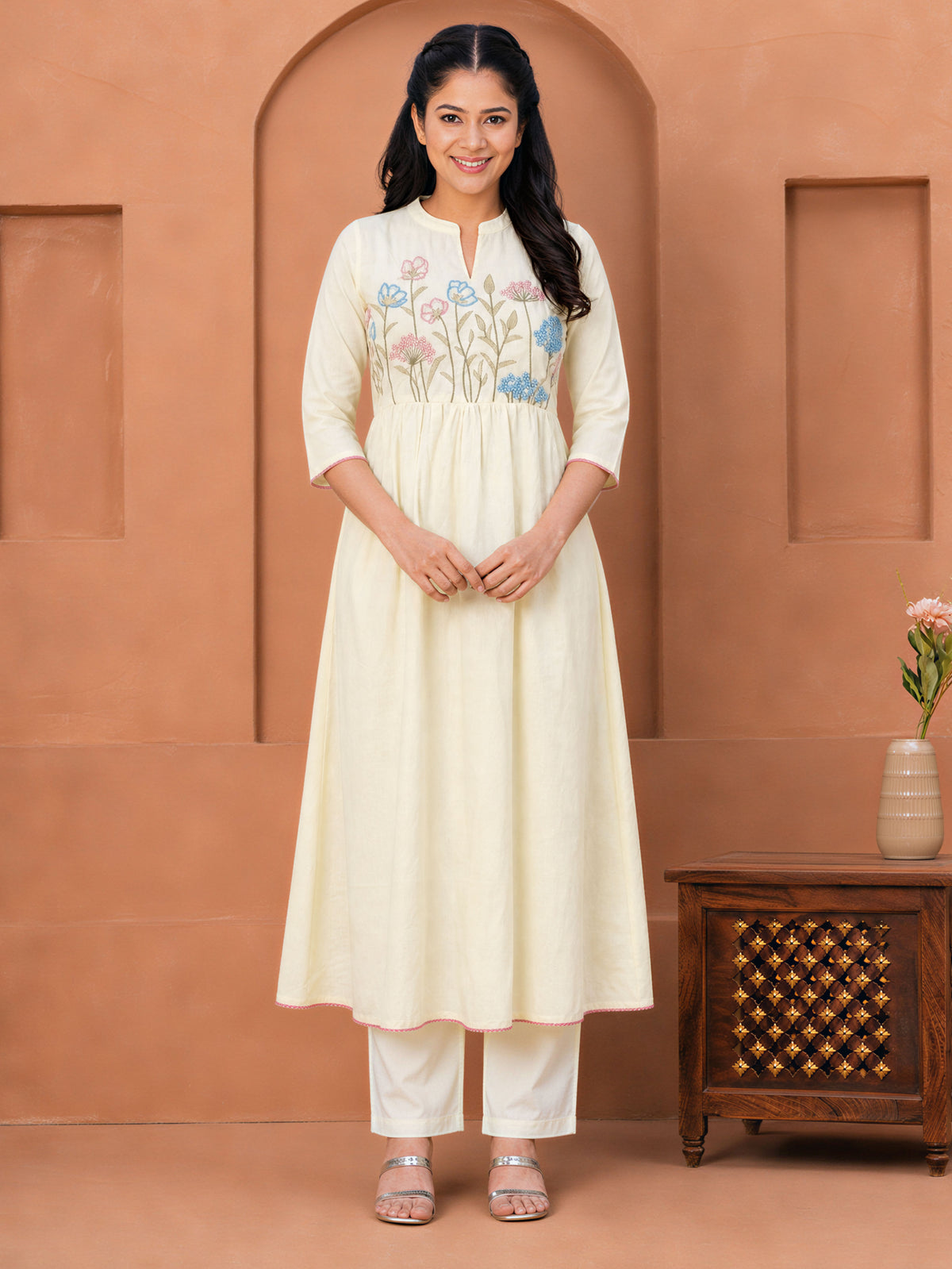 Embroidered Soft cotton Solid Anarkali Off White Kurta