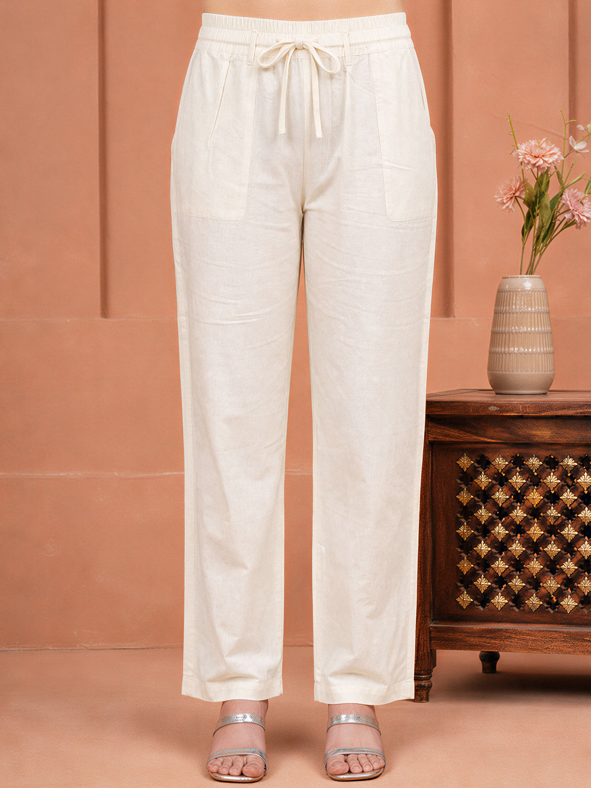 Soft cotton Solid Off White Straight Trousers