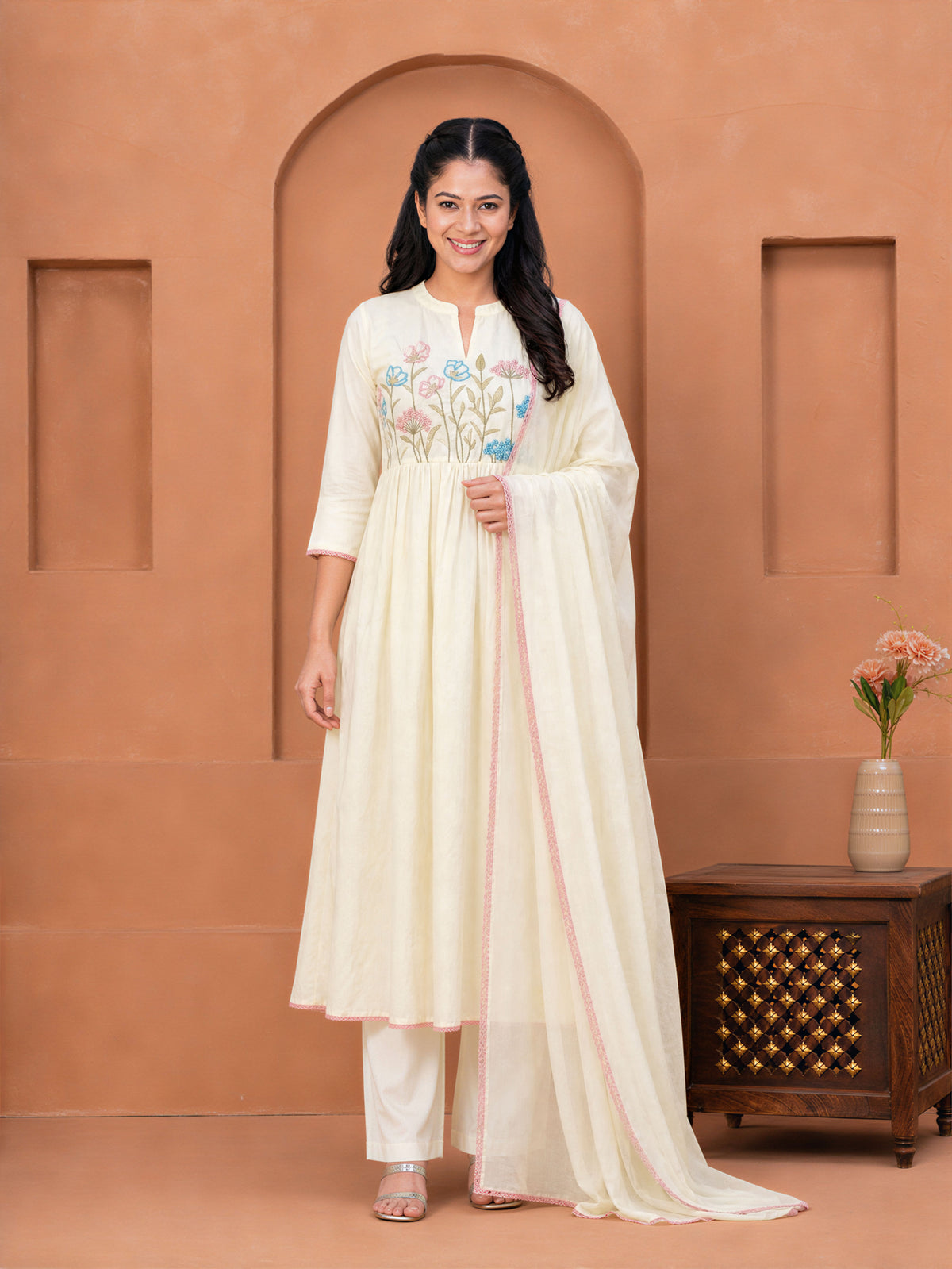 Embroidered Soft cotton Solid Anarkali Off White Kurta