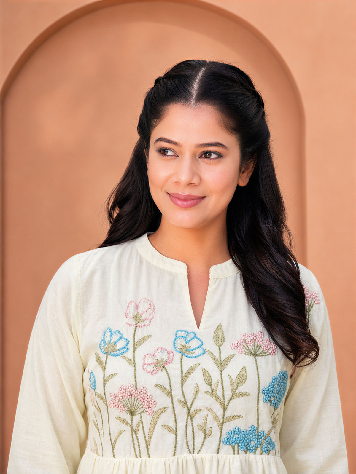 Embroidered Soft cotton Solid Anarkali Off White Kurta
