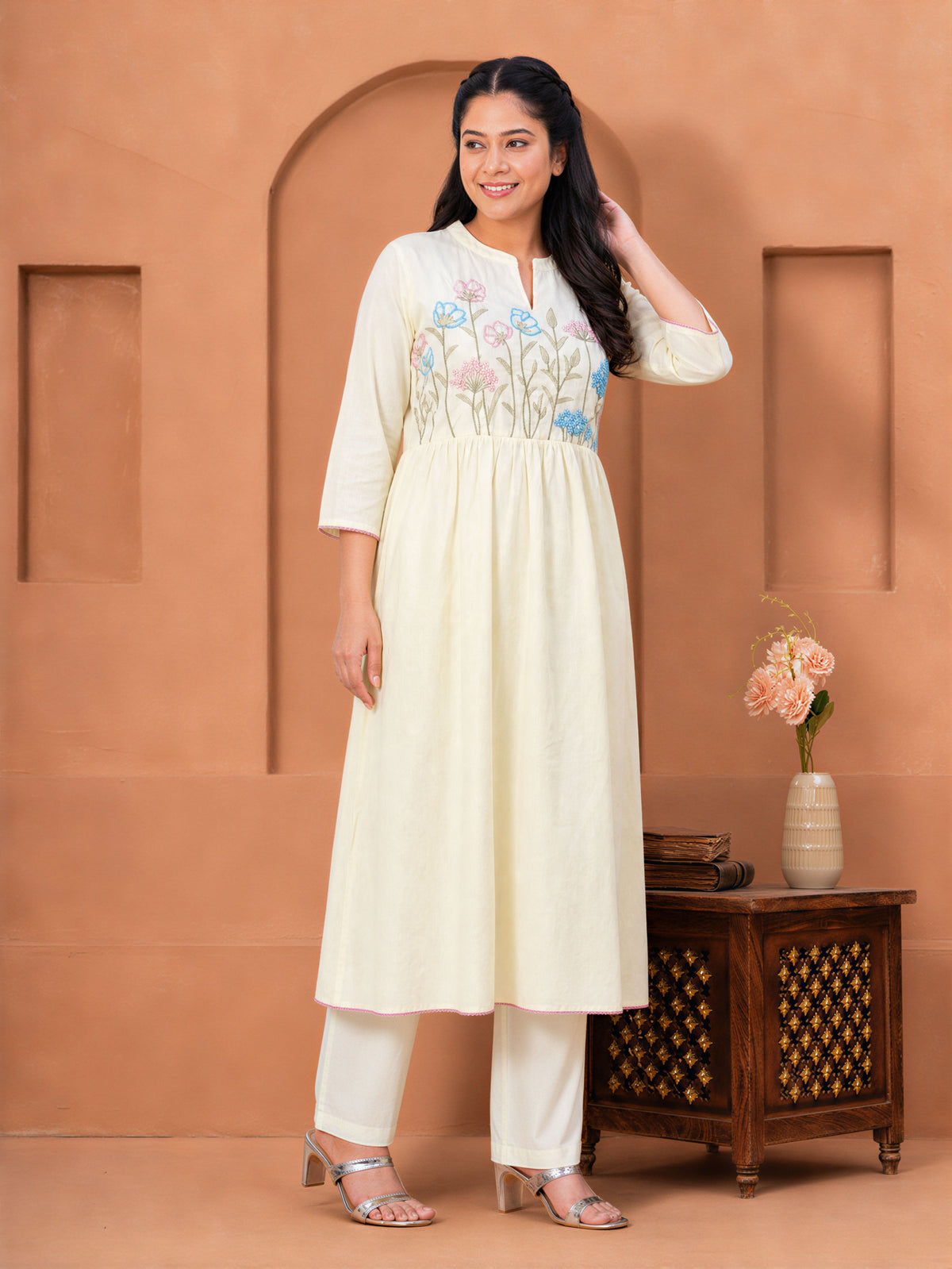 Embroidered Soft cotton Solid Anarkali Off White Kurta