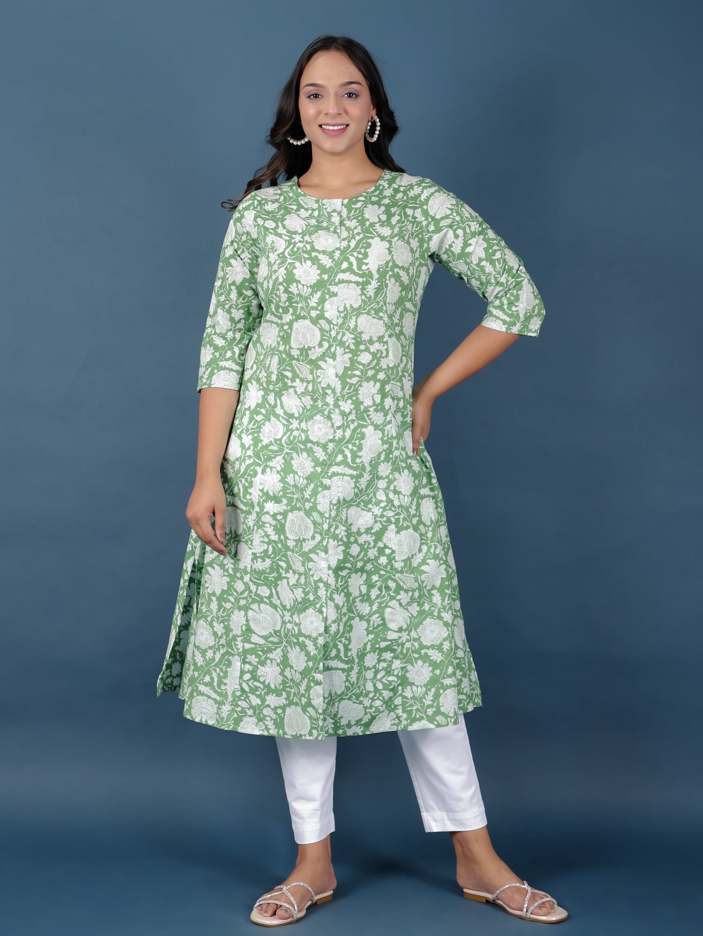 Soft Cotton Floral A-line Green Kurta