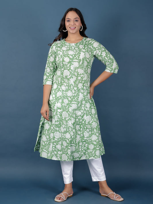 Soft Cotton Floral A-line Green Kurta