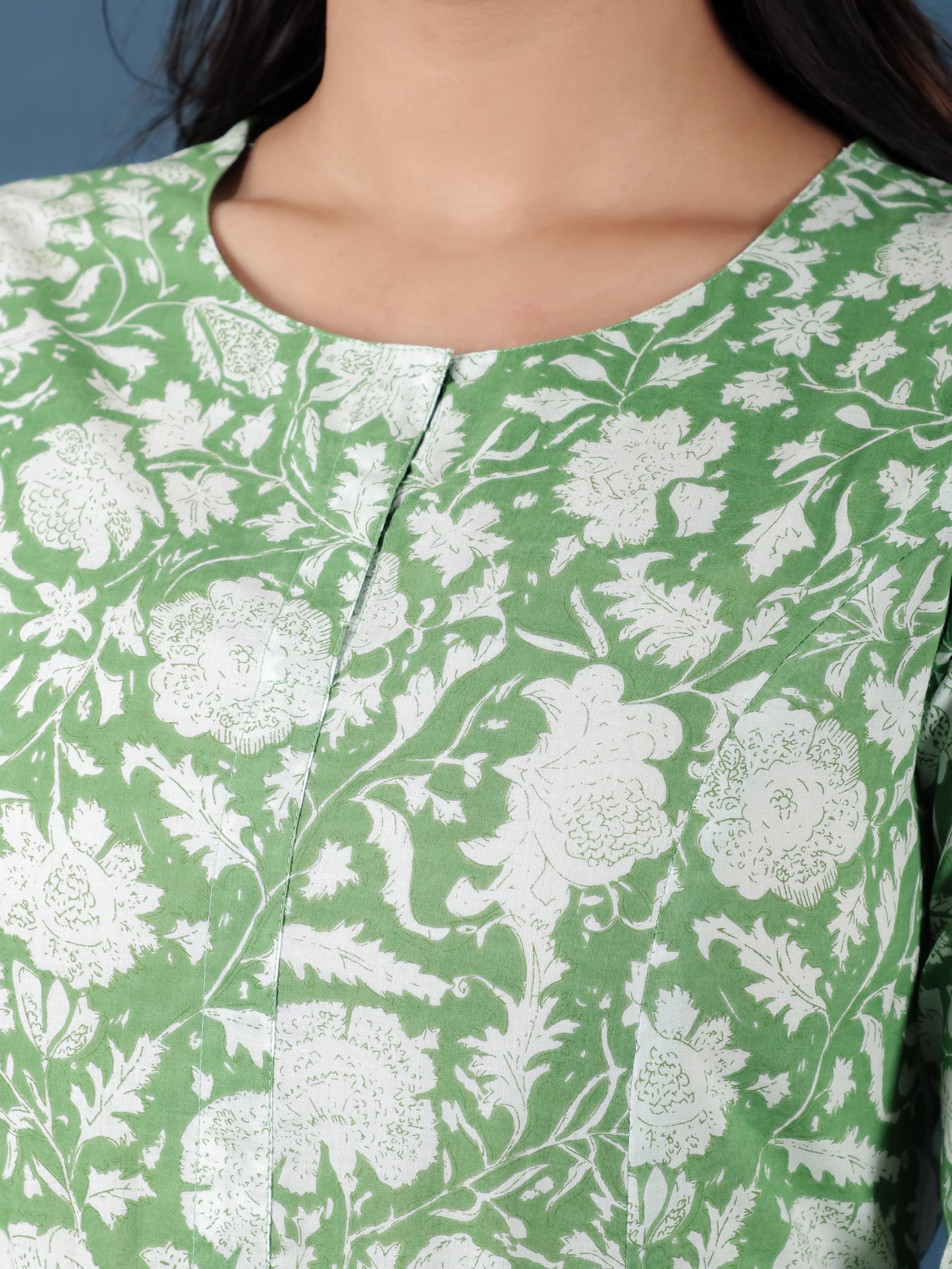 Soft Cotton Floral A-line Green Kurta