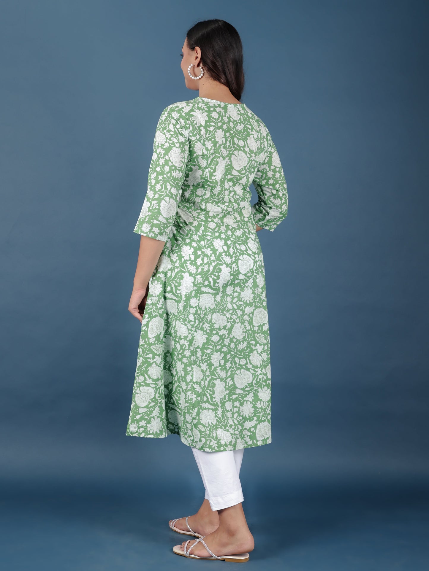 Soft Cotton Floral A-line Green Kurta