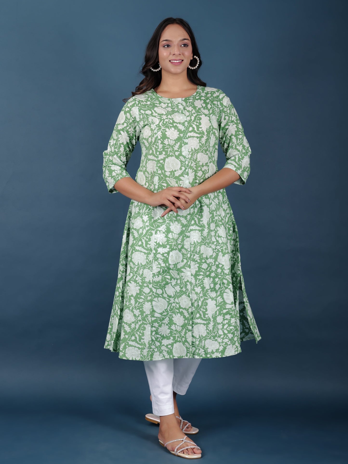 Soft Cotton Floral A-line Green Kurta