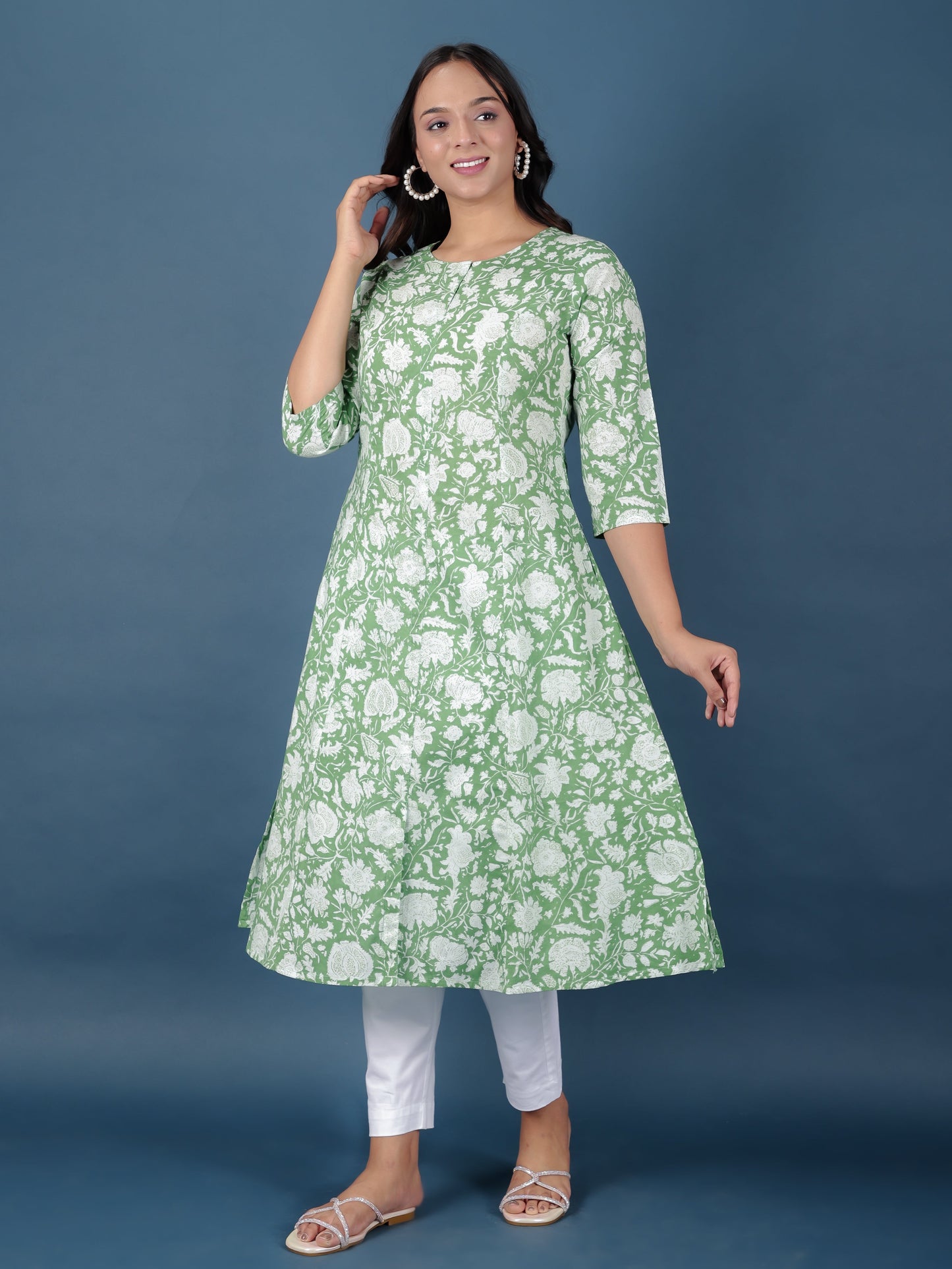 Soft Cotton Floral A-line Green Kurta